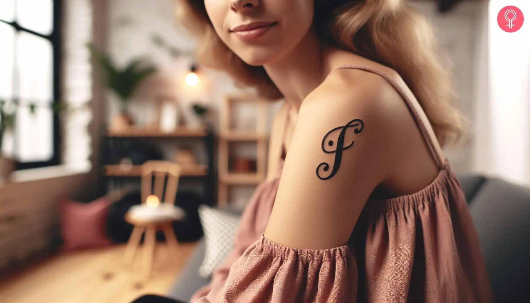 Cursive F tattoo on the shoulder