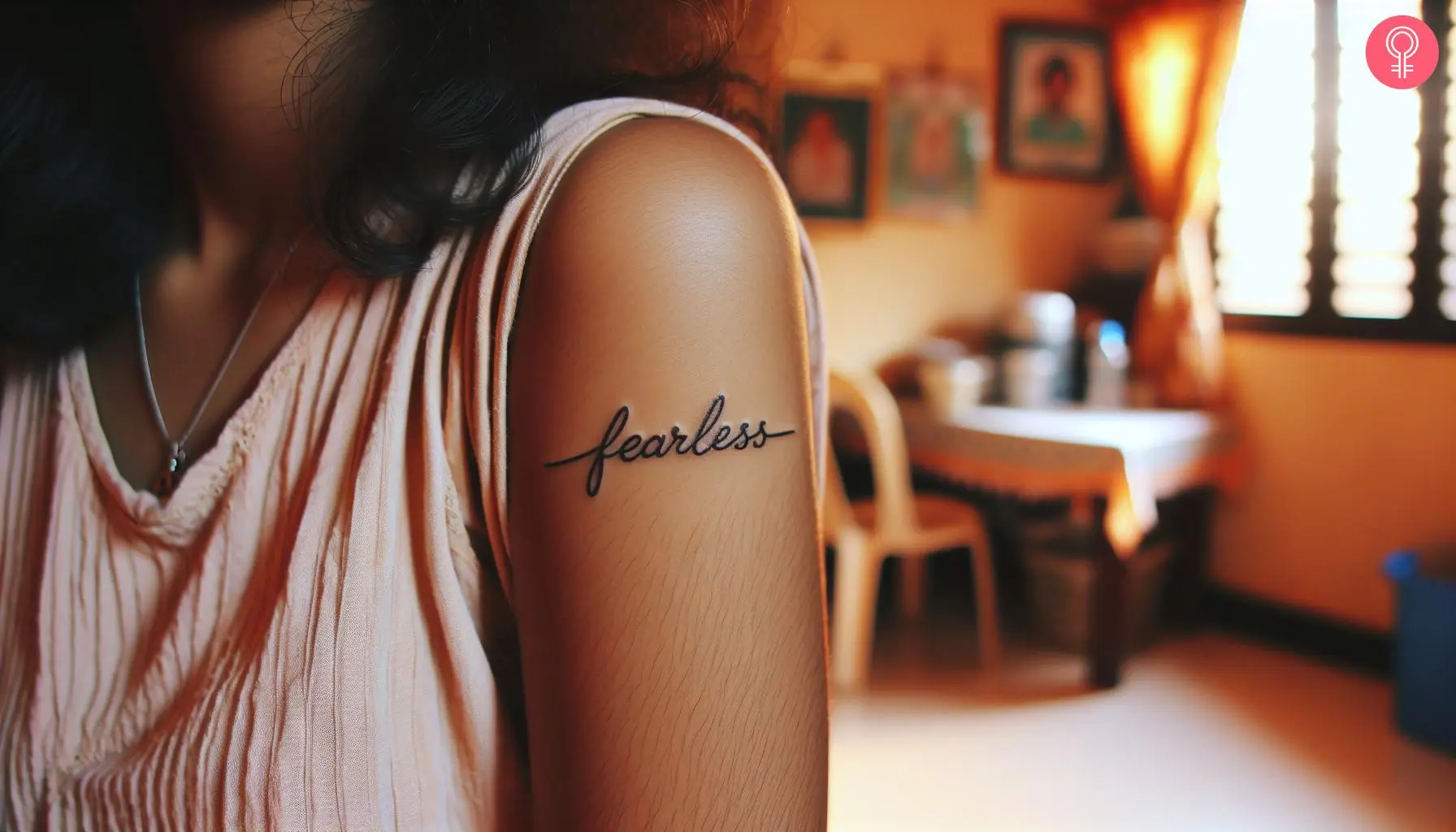 A cursive fearless tattoo on the upper arm