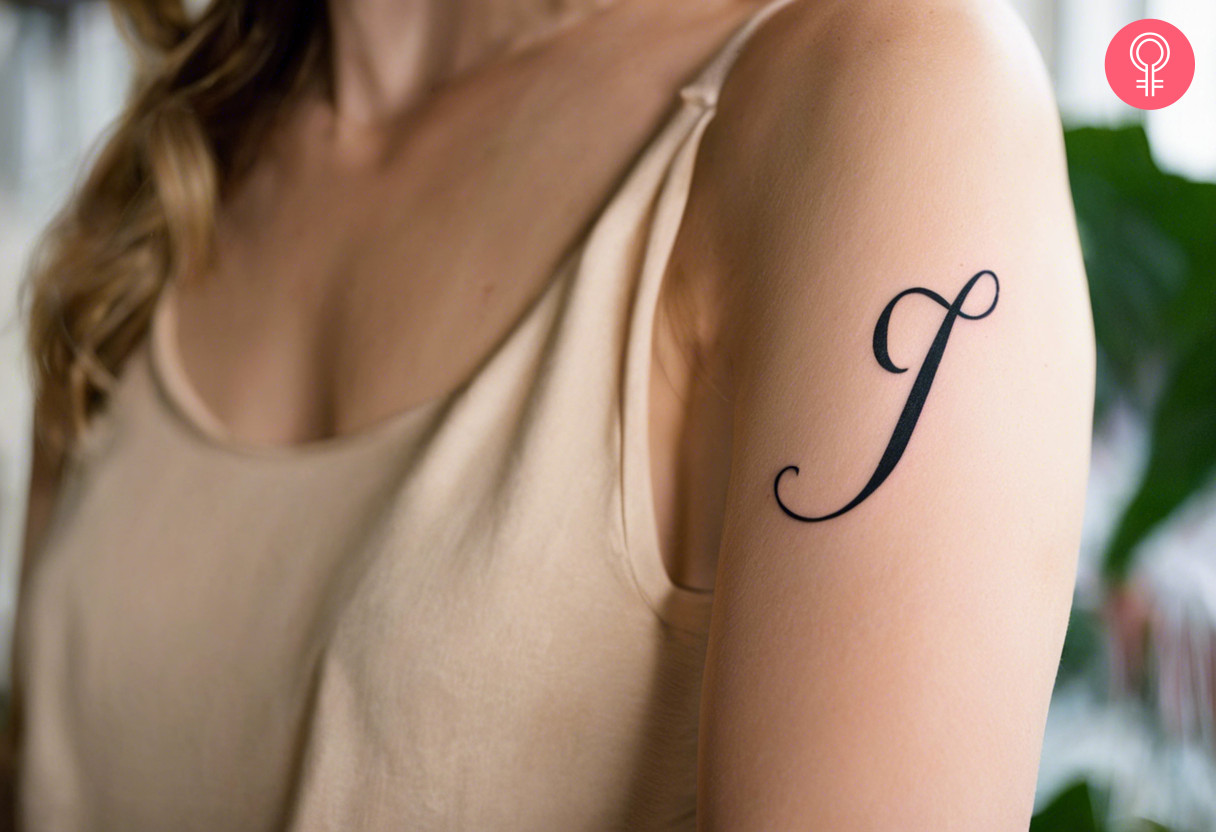Cursive j letter tattoo on the arm of a woman