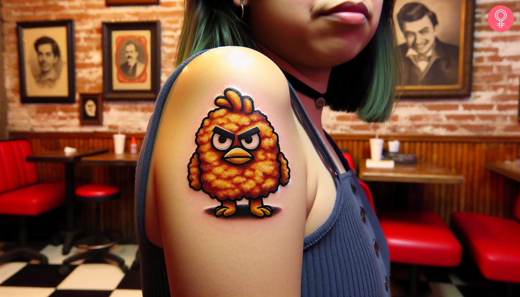 A cute chicken nugget tattoo on a woman’s arm