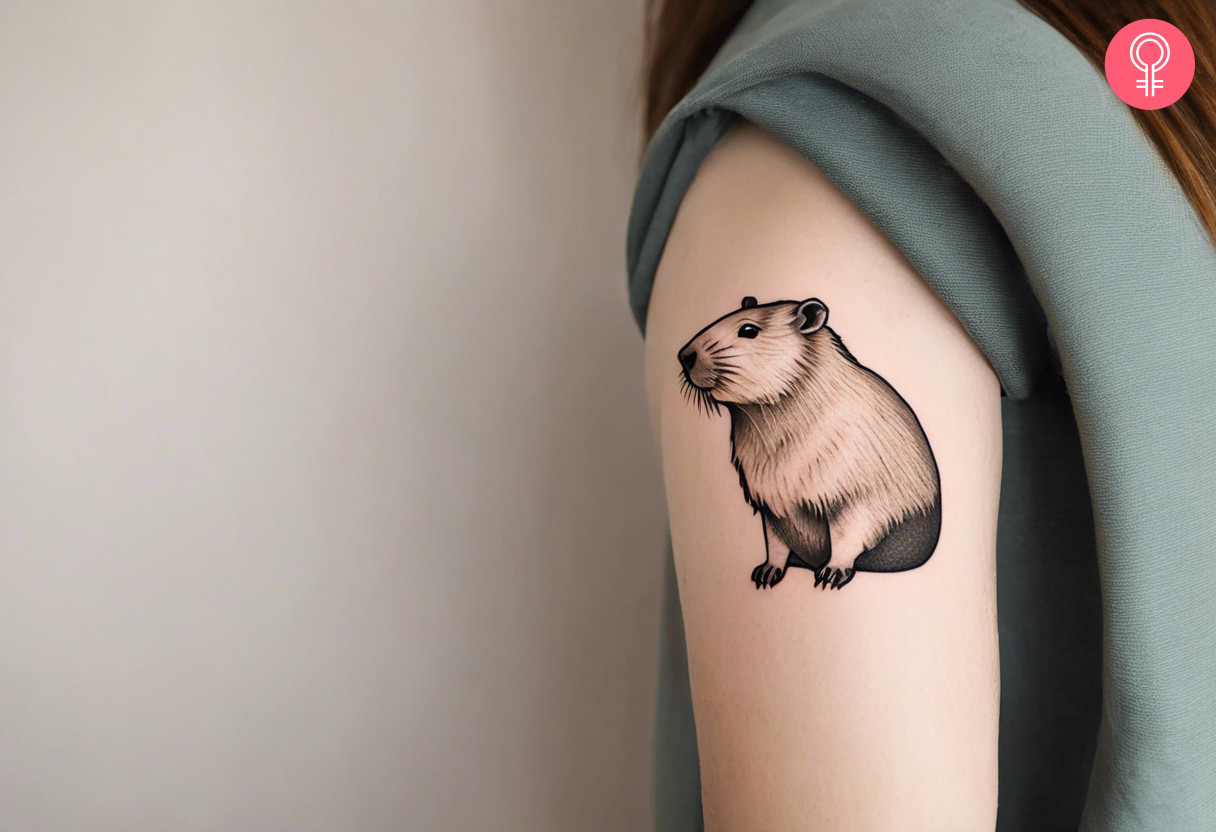 Cute capybara tattoo on a woman’s upper arm