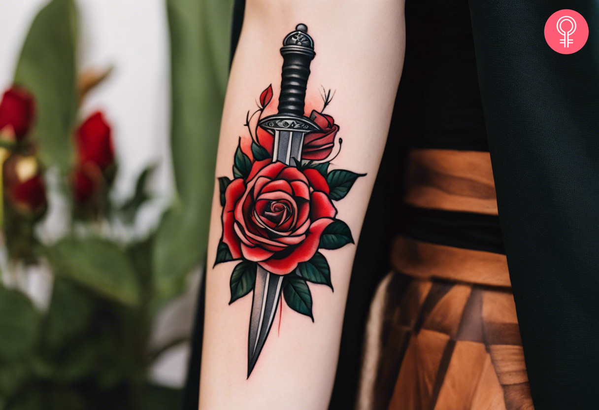 A dagger betrayal tattoo on a woman’s forearm