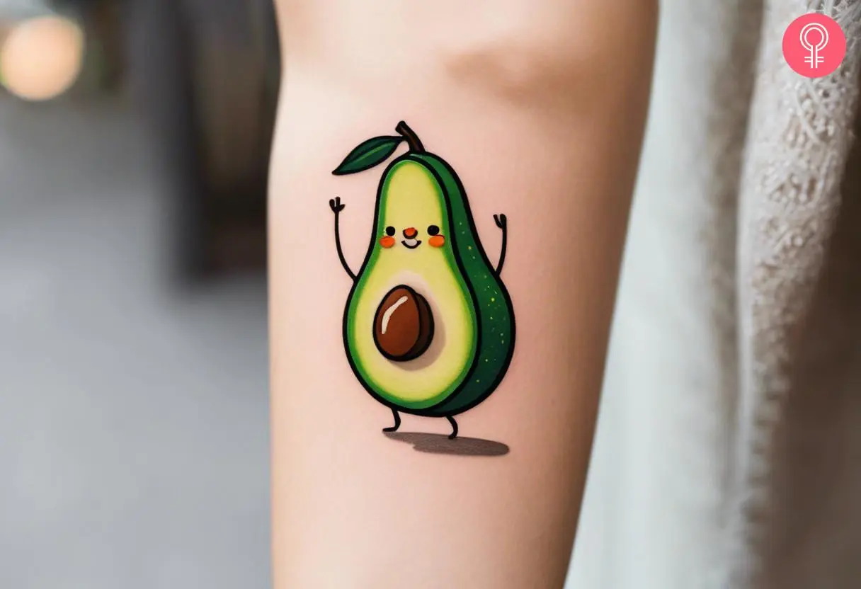 Dancing avocado tattoo on the forearm of a woman