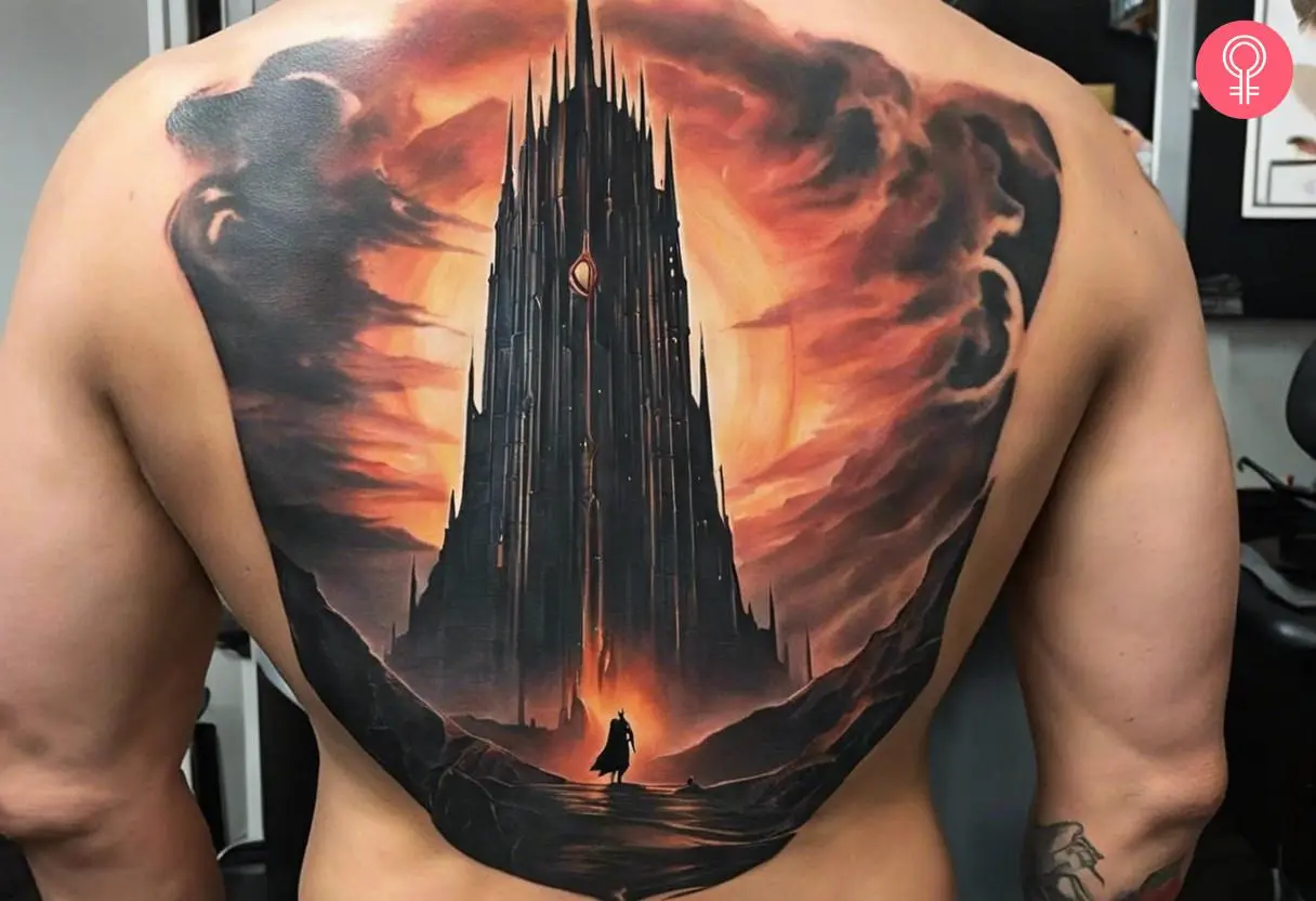 Dark tower sauron tattoo on the upper back