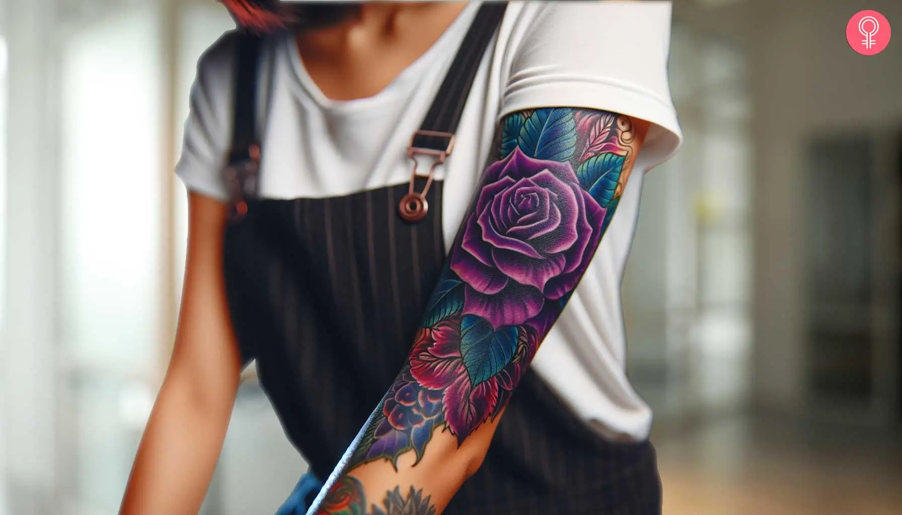 Dark purple flower tattoo on the arm of a woman