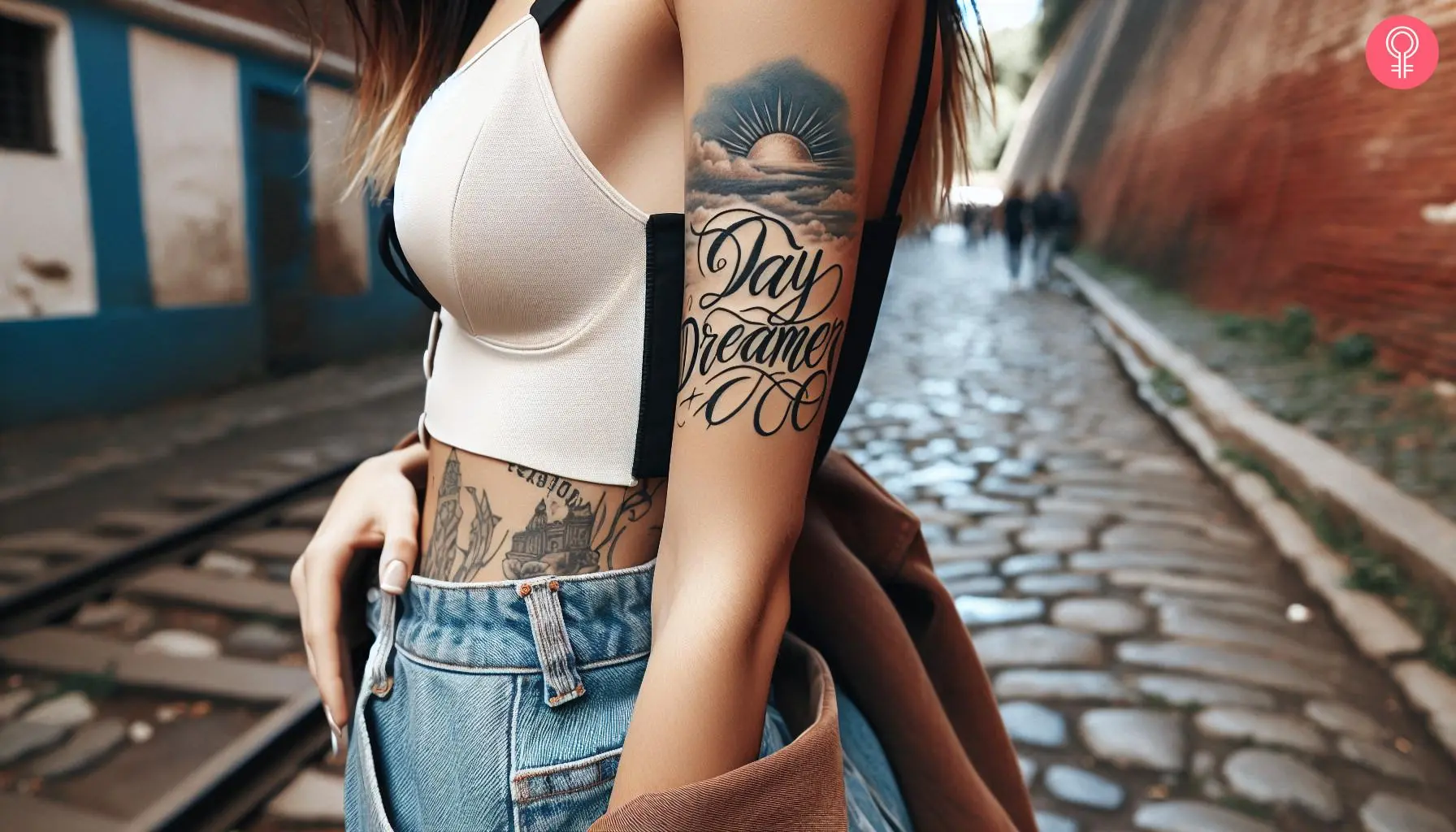 A woman with a day dreamer tattoo on her upper arm