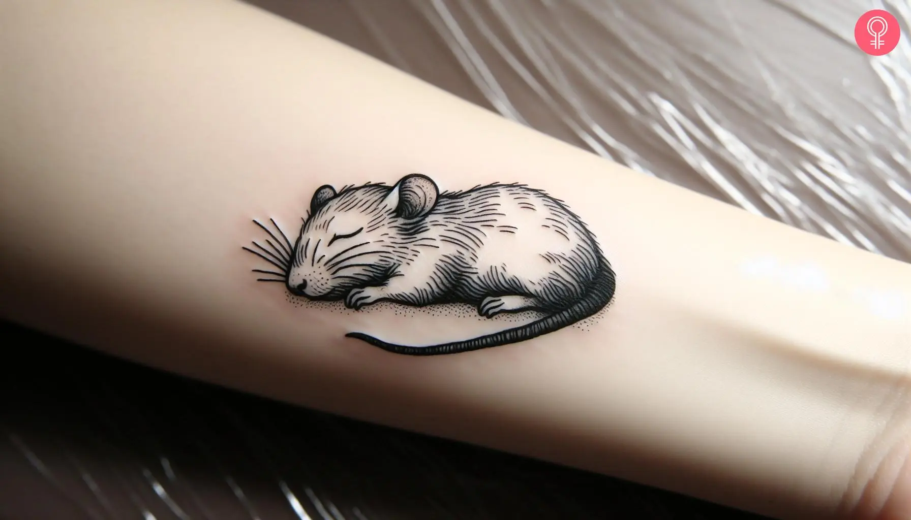 A woman with a dead rat tattoo on the forearm