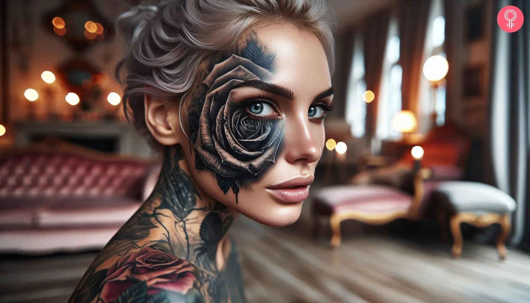 Dead rose tattoo on the face of a woman