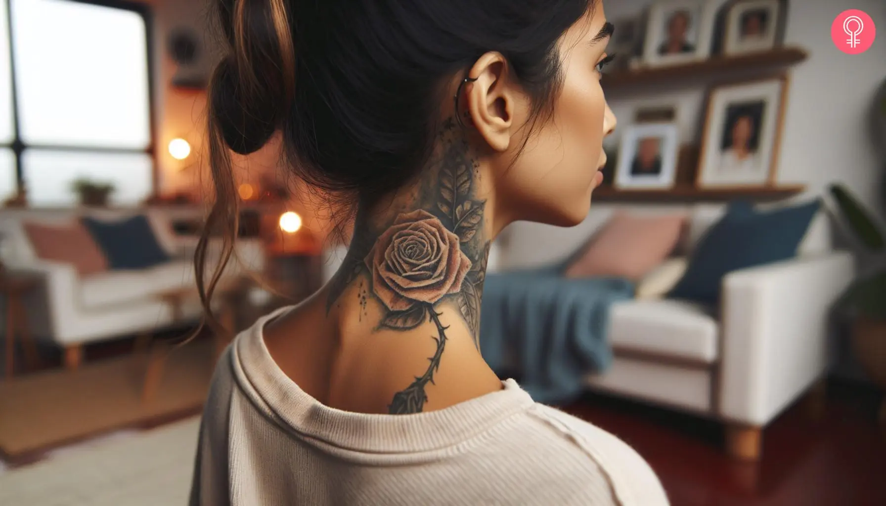 Dead rose tattoo on the neck of a woman