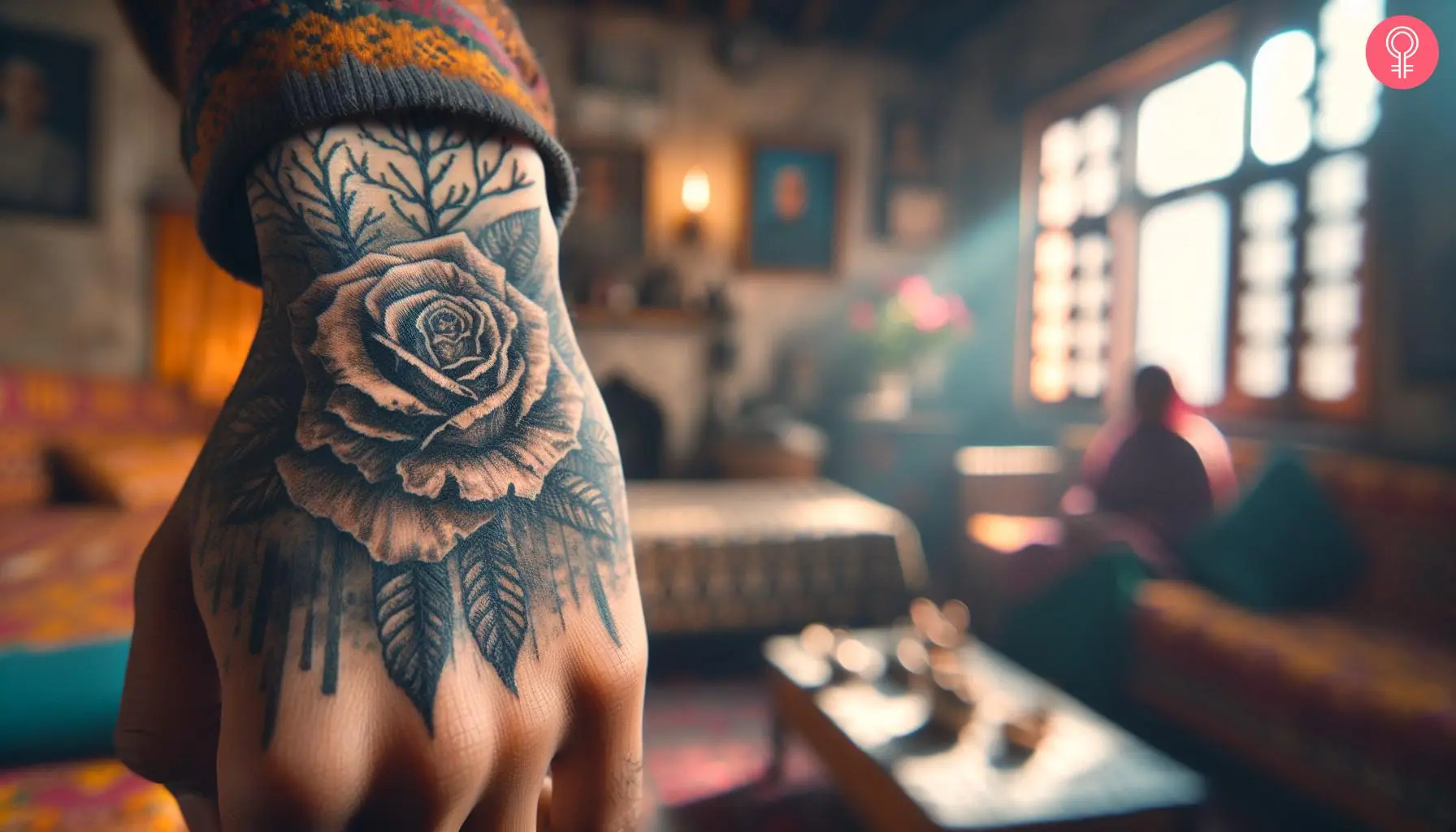 Dead rose tattoo on the hand of a woman