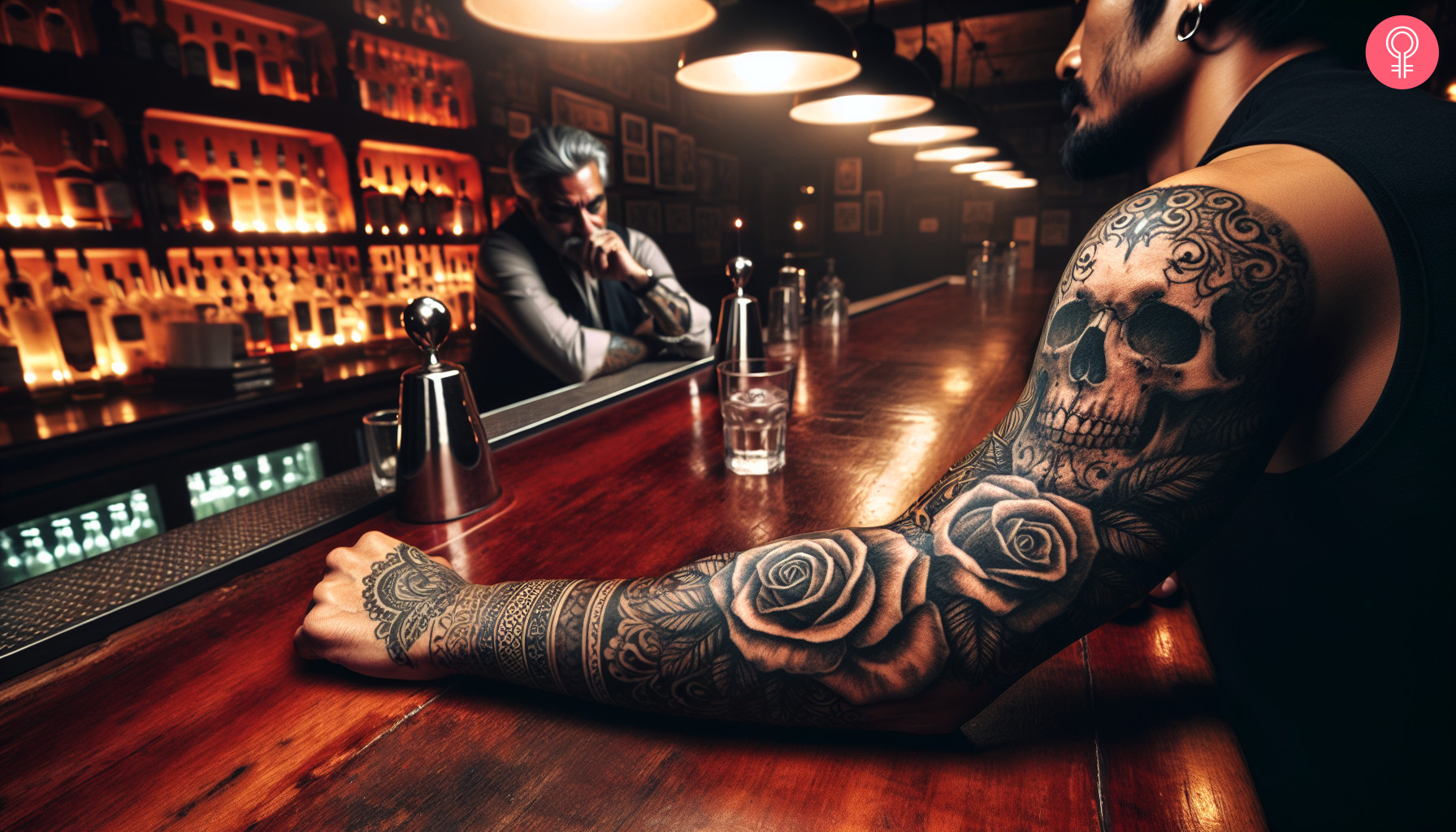 Man with a deadly bartender tattoo sleeve on the arm