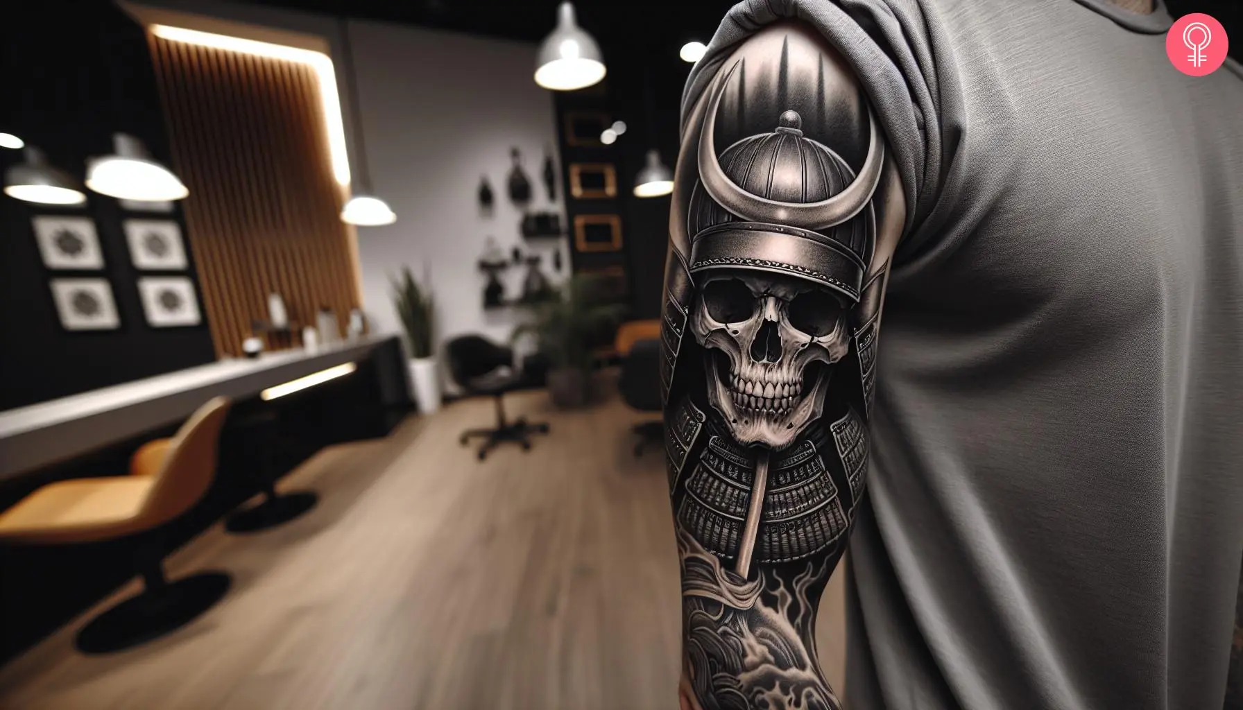 Death mask samurai tattoo on the arm of a man