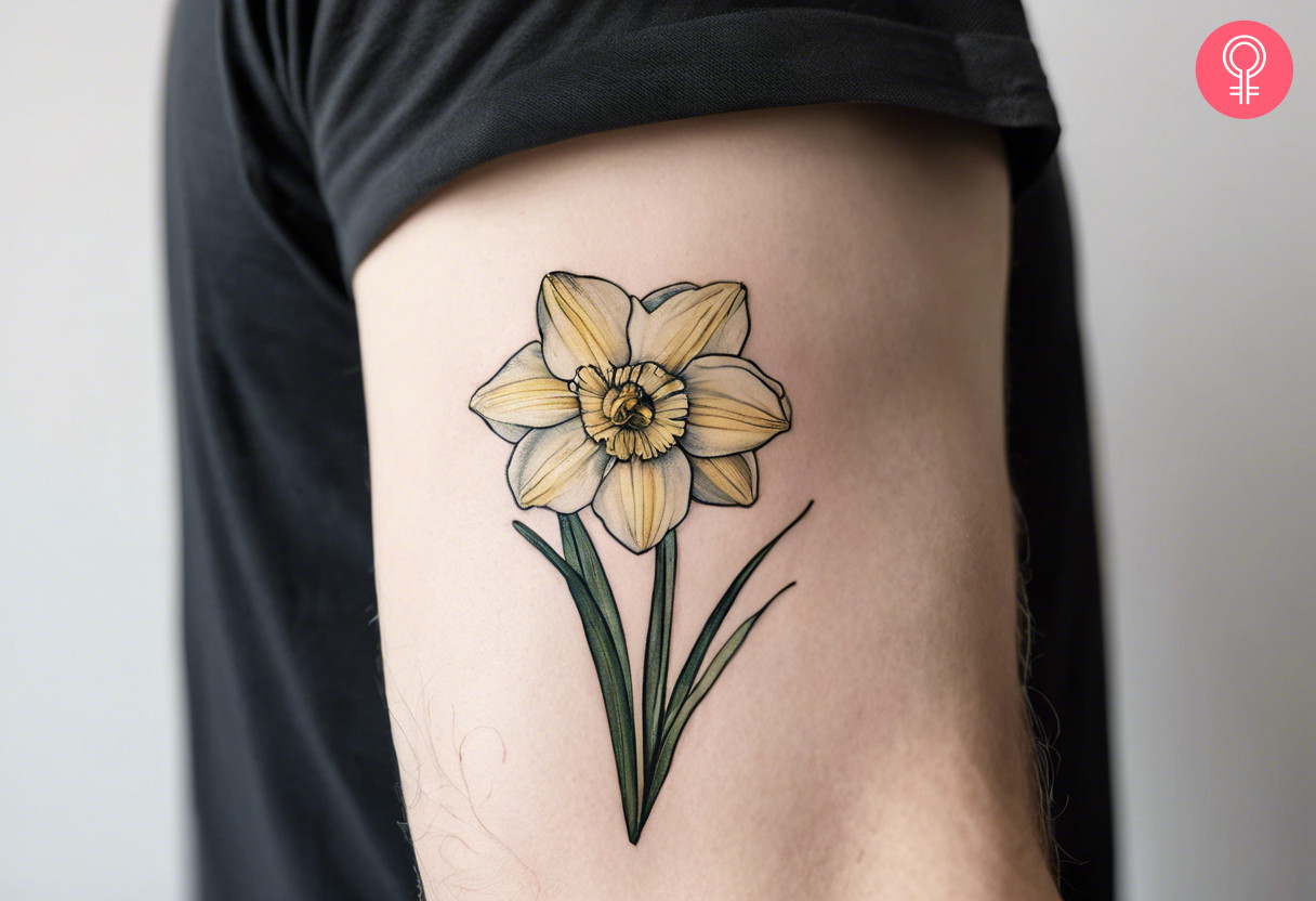 December birth flower tattoo on the mid portion of the upper arm