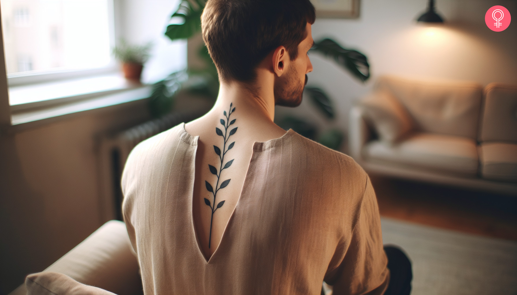 Delicate stem tattoo on the spine