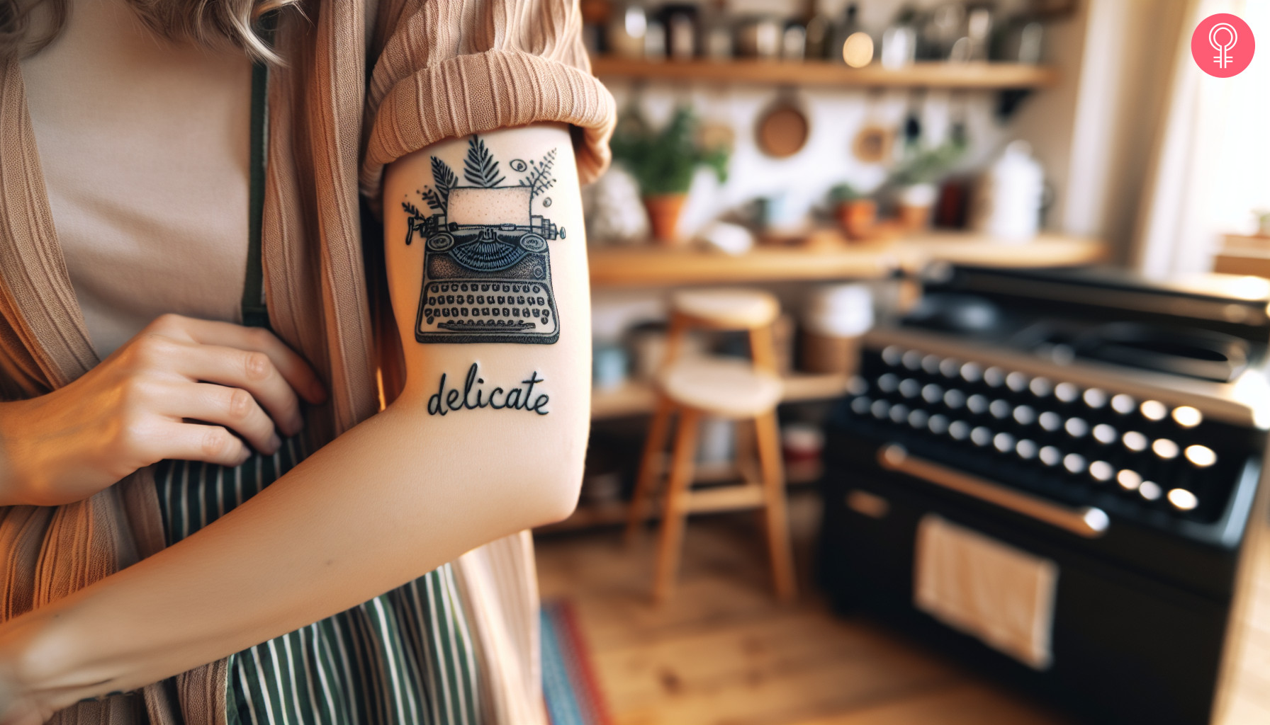 A woman with a vintage typewriter tattoo on the upper arm with the word Delicate in cursive