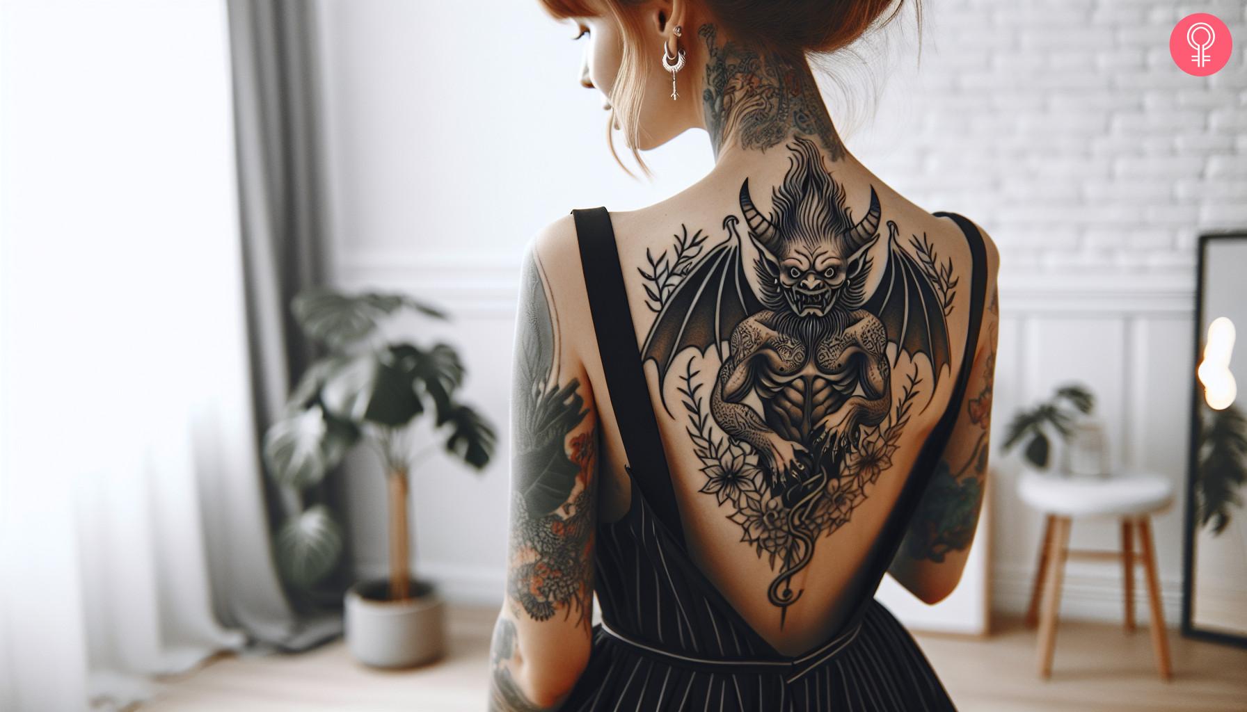 A demon goblin tattoo on the back