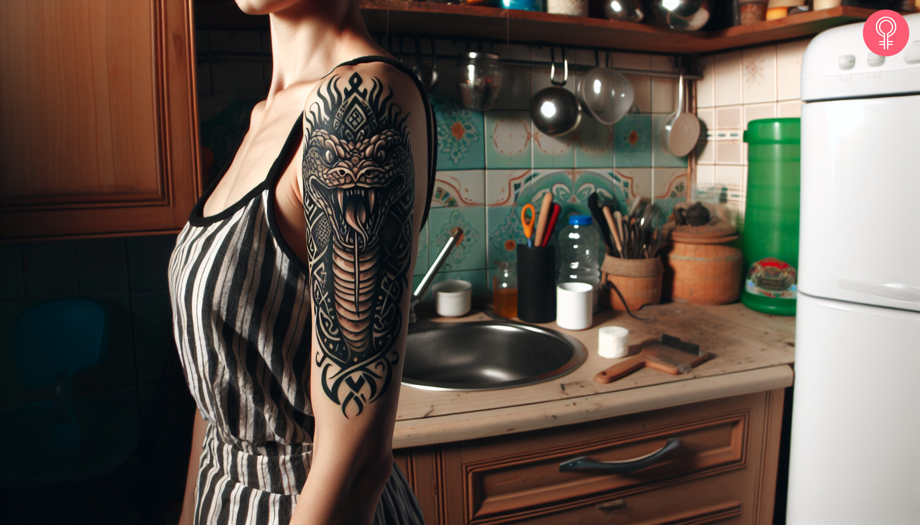 Demon snake tribal tattoo on the upper arm of a woman