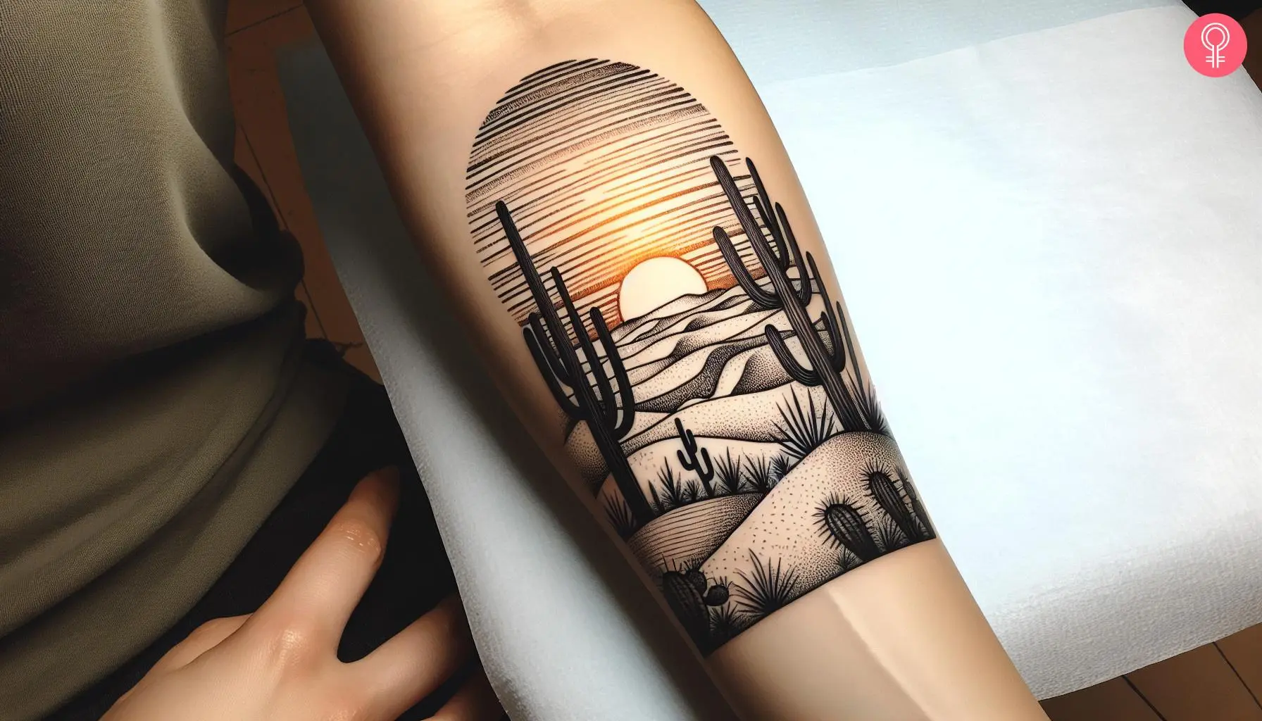 A desert sunrise tattoo on the forearm