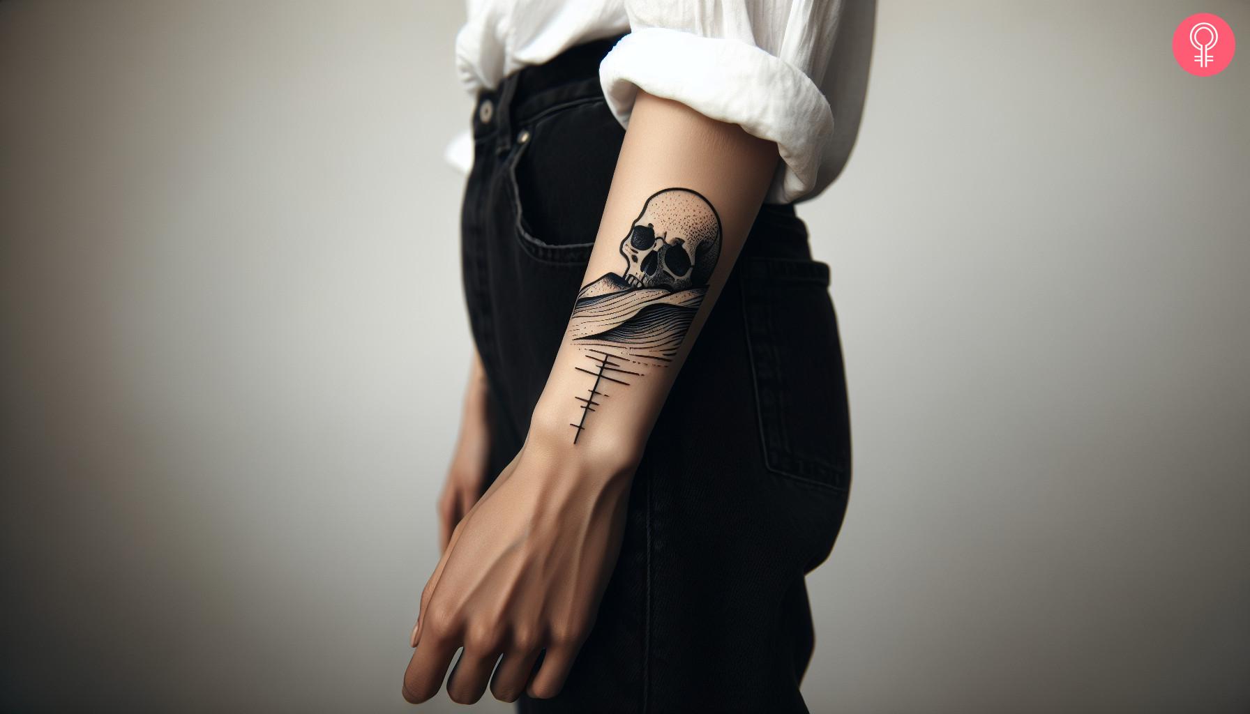 A skull on the desert drawn on the forearm