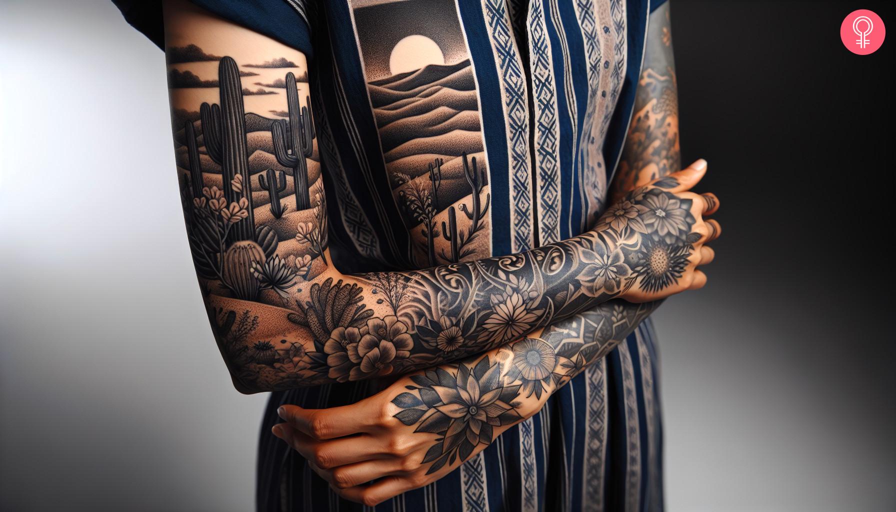 A full sleeve desert tattoo inked using black ink