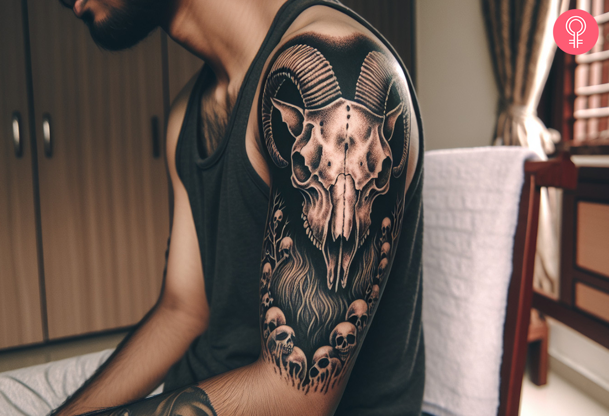 Devil goat tattoo on the upper arm