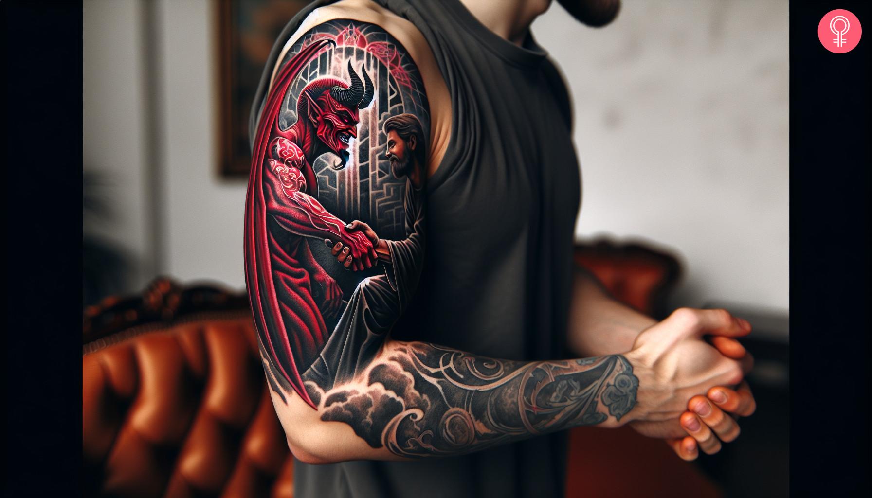 Devilish handshake tattoo on a man's arm