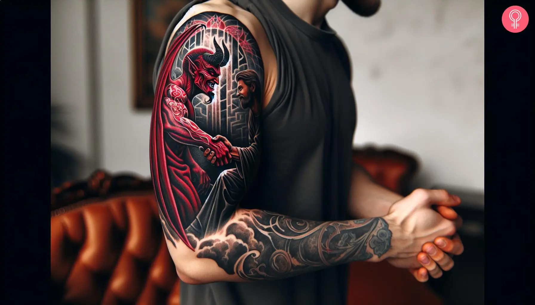 Devil handshake tattoo on the arm of a man