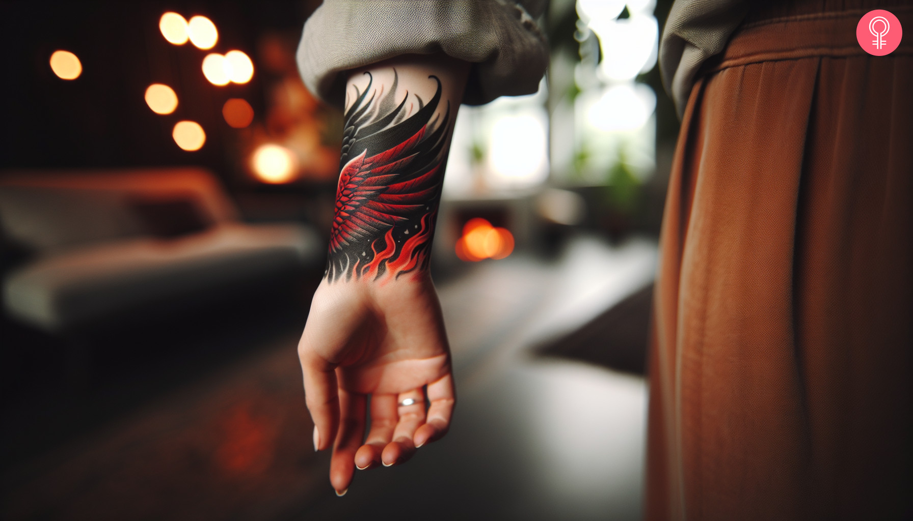 Devil wing tattoo on the wrist of a woman