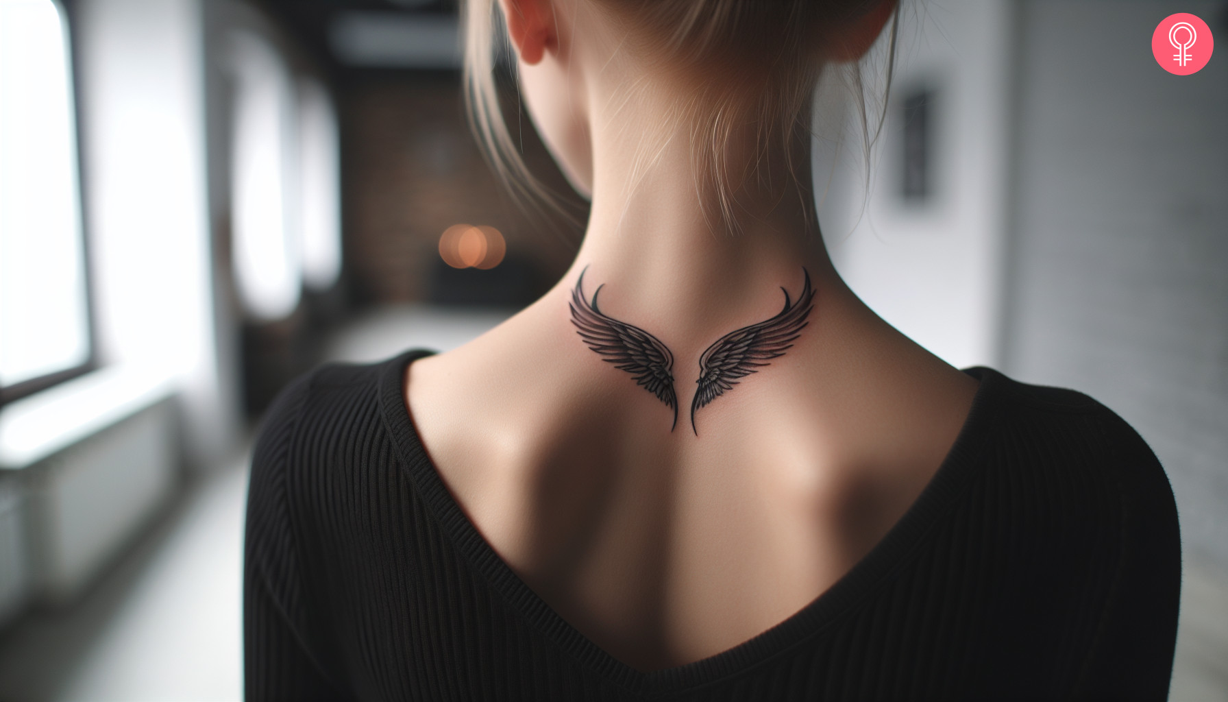 Devil wings tattoo on the neck of a woman