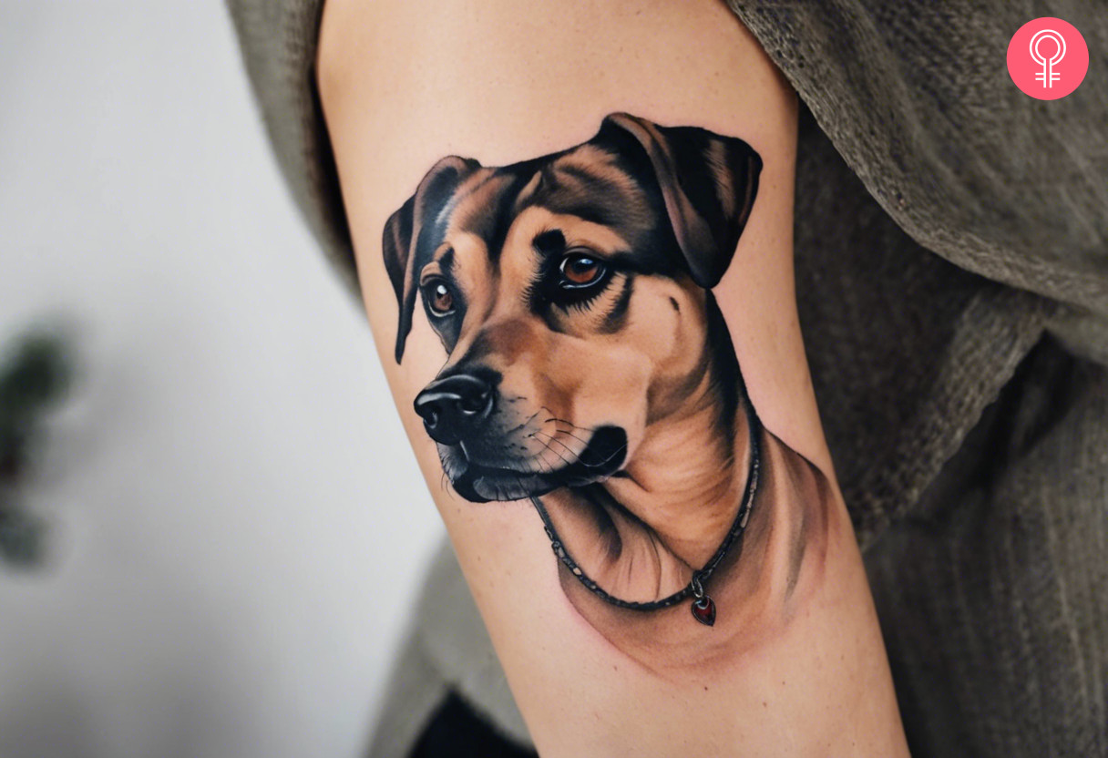 A woman wearing a dog portrait tattoo on the upper arm