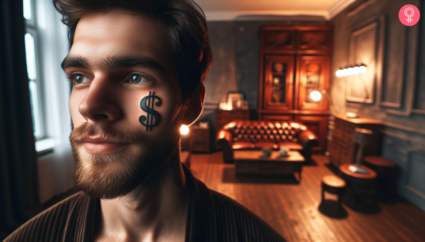 A dollar sign tattoo on a man’s face