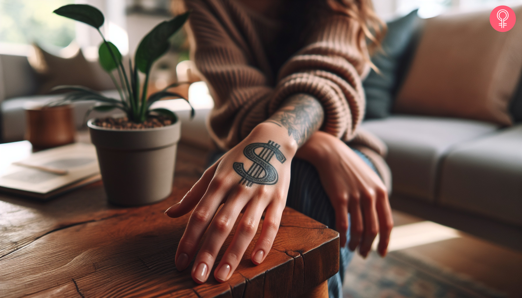 A dollar sign tattoo on a woman’s hand