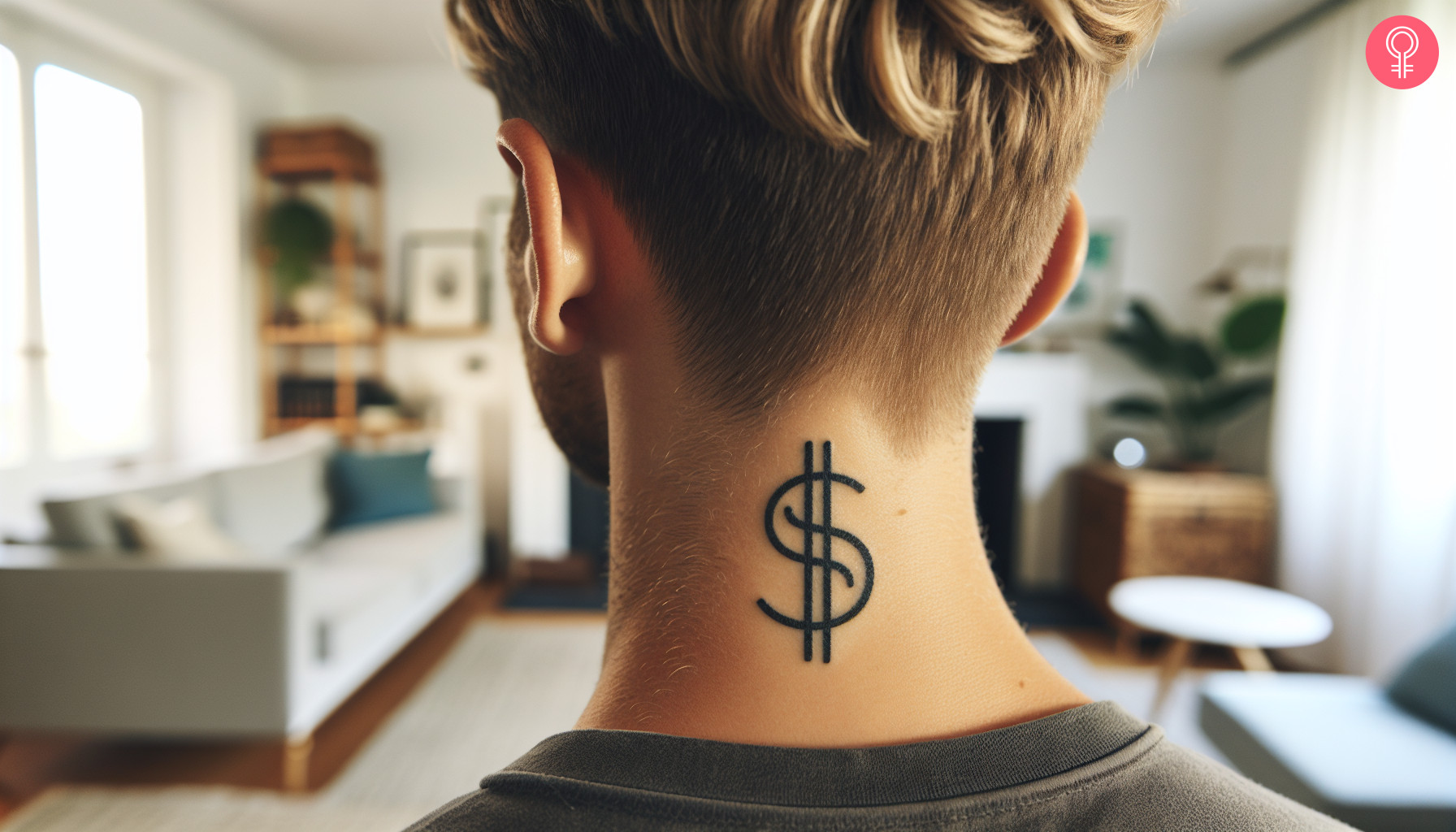 A dollar sign tattoo on a man’s neck