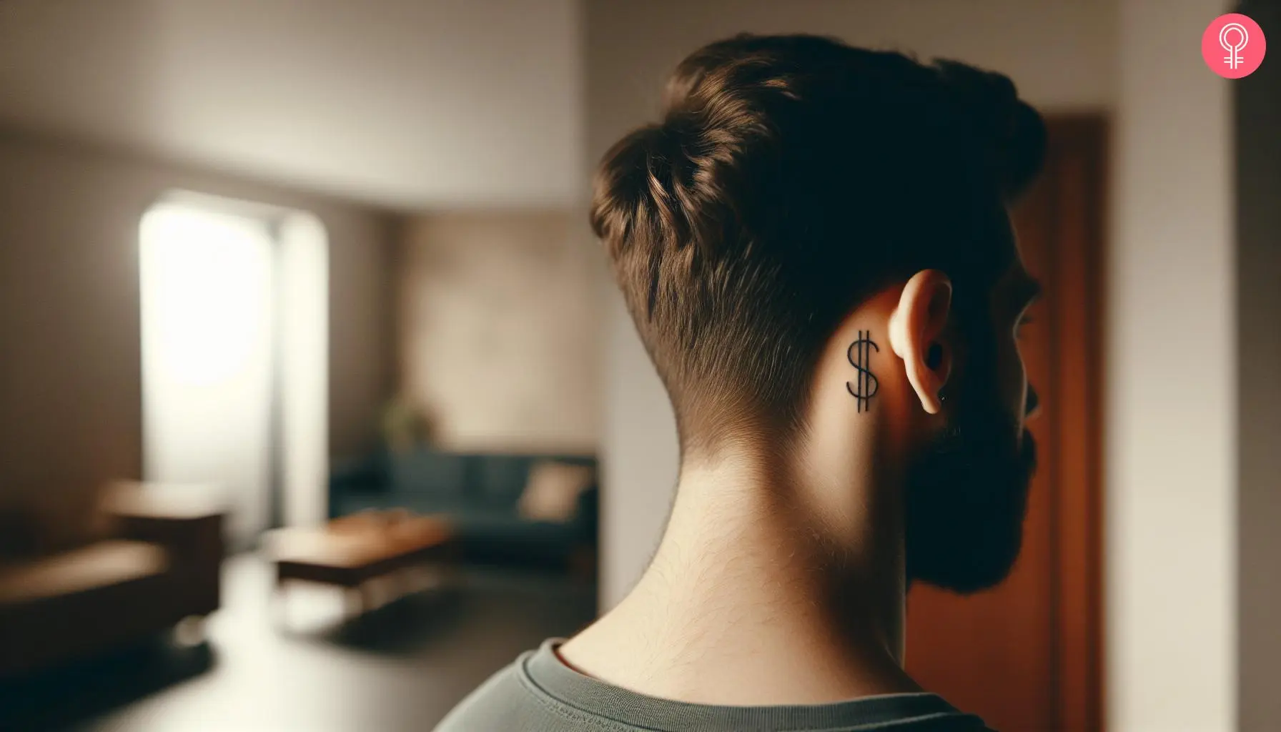 A dollar sign tattoo behind a man’s ear