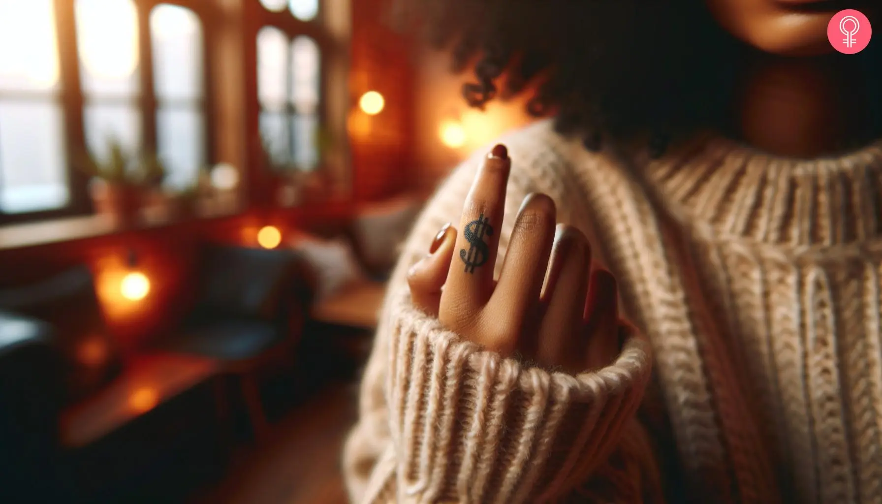 A dollar sign tattoo on a woman’s finger