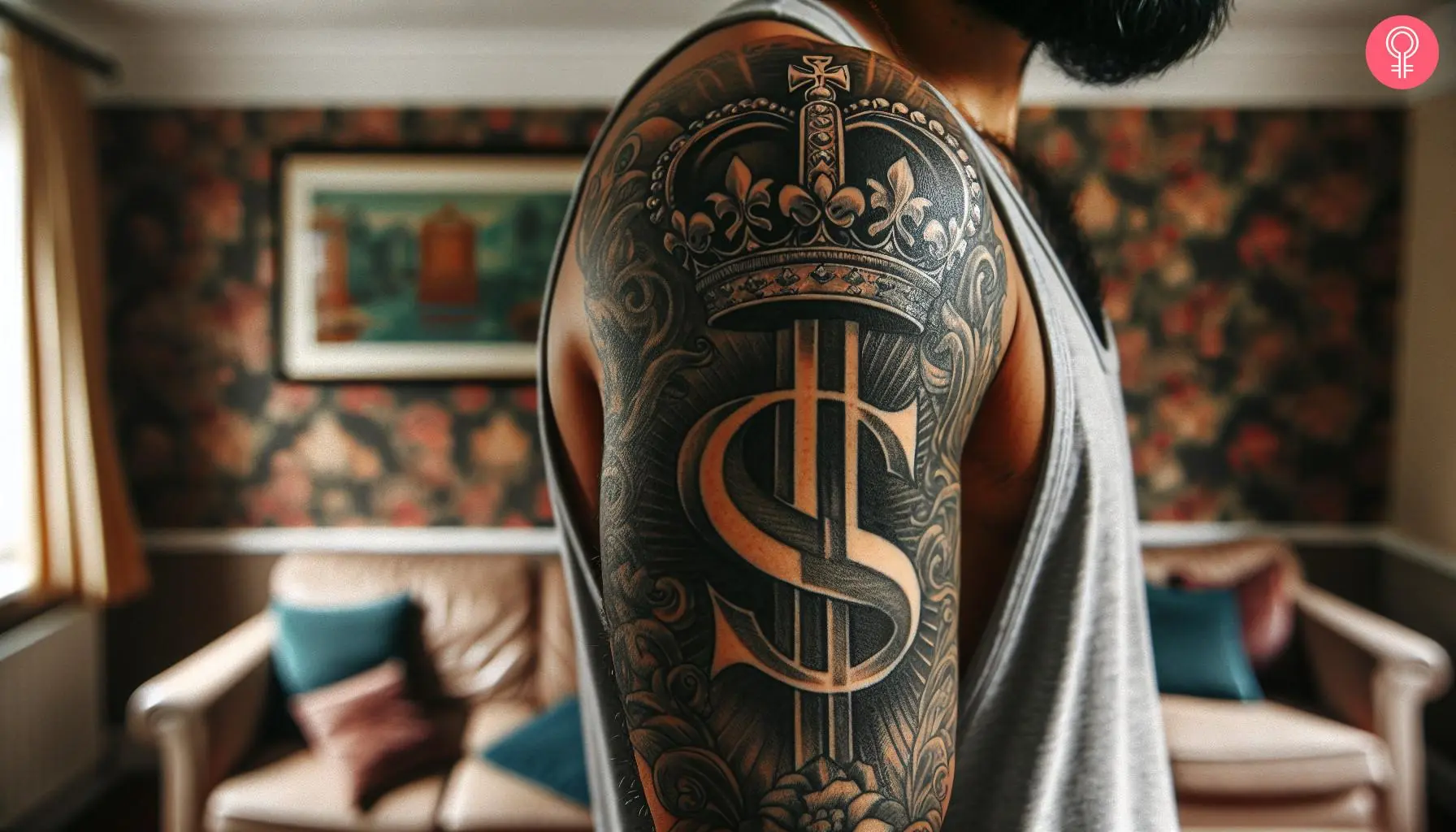 A dollar sign with a crown tattoo on a man’s upper arm