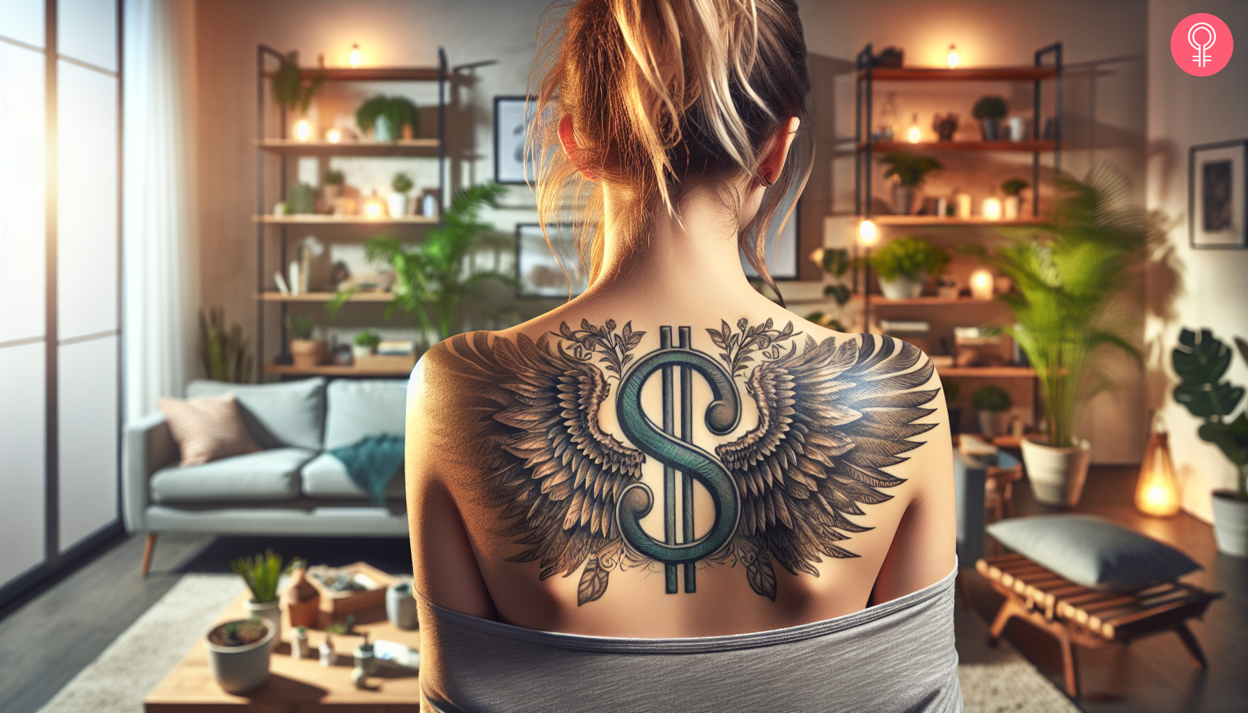 A dollar sign with wings tattoo on a woman’s upper back