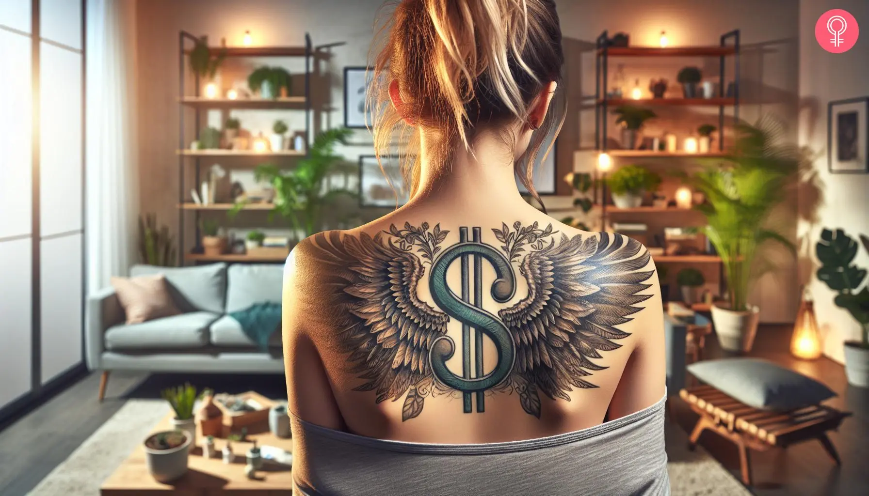 A dollar sign with wings tattoo on a woman’s upper back