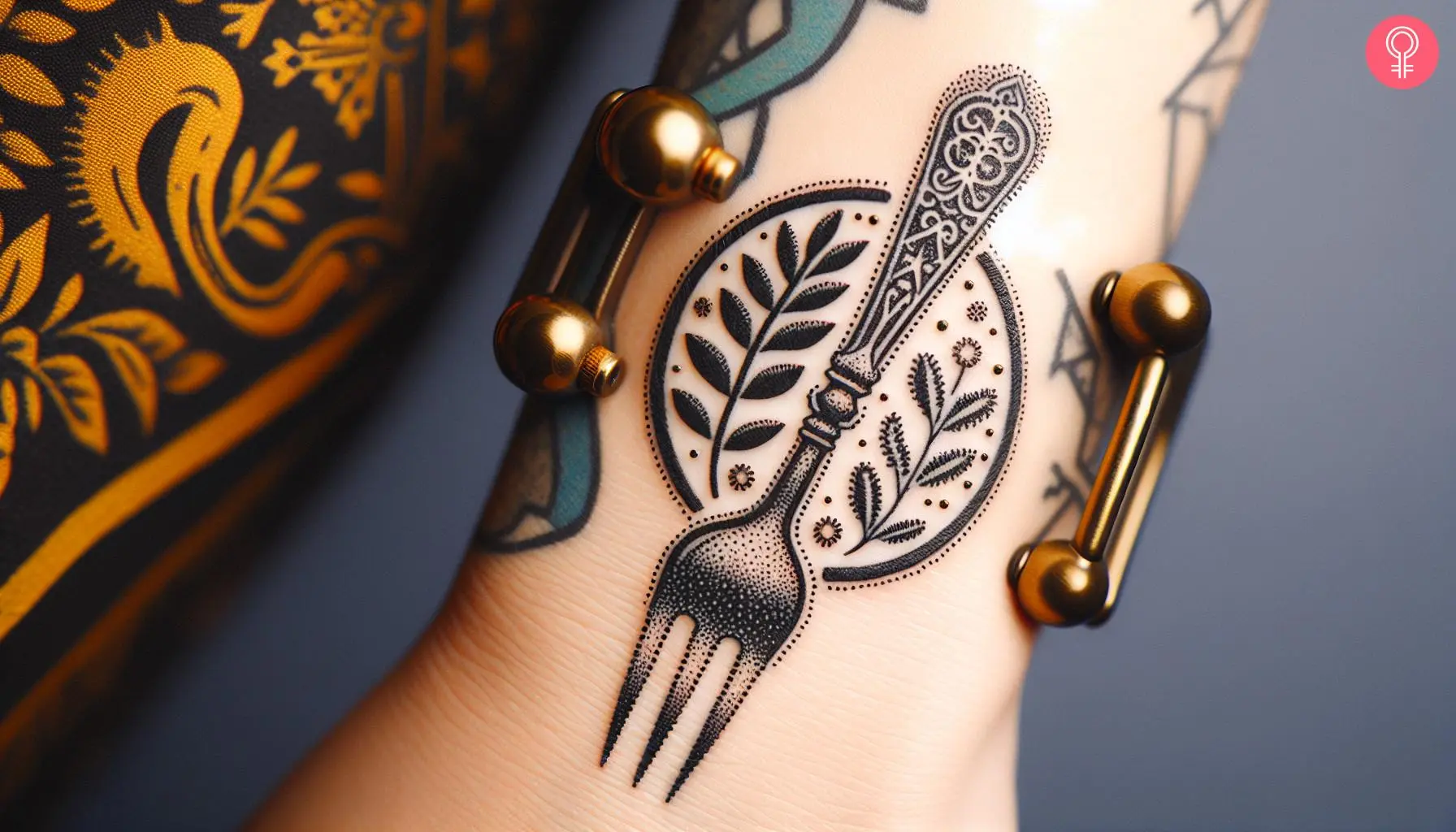 A woman wearing a dotwork fork tattoo on the wrist.