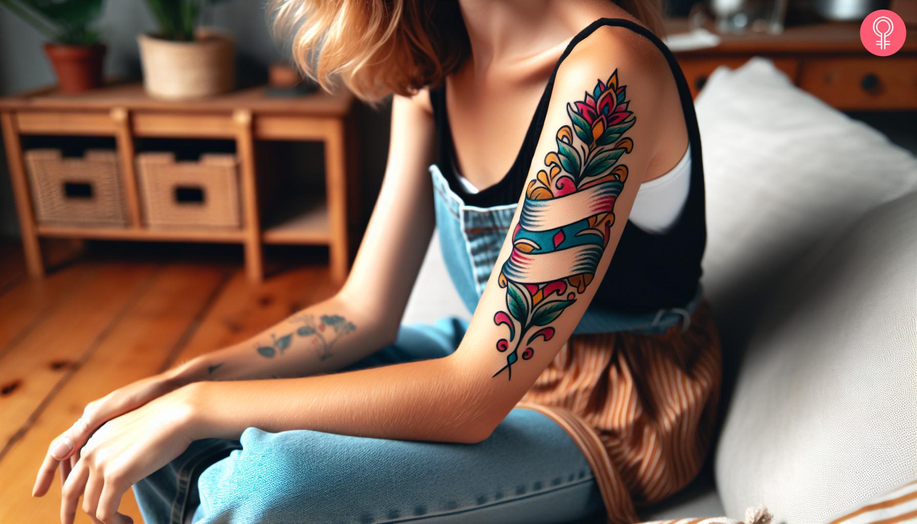 Double banner tattoo on a woman's upper arm