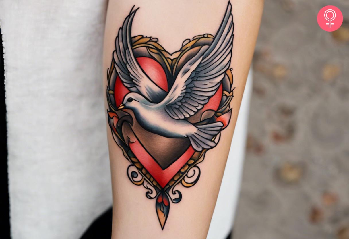 Female dove heart tattoo on forearm