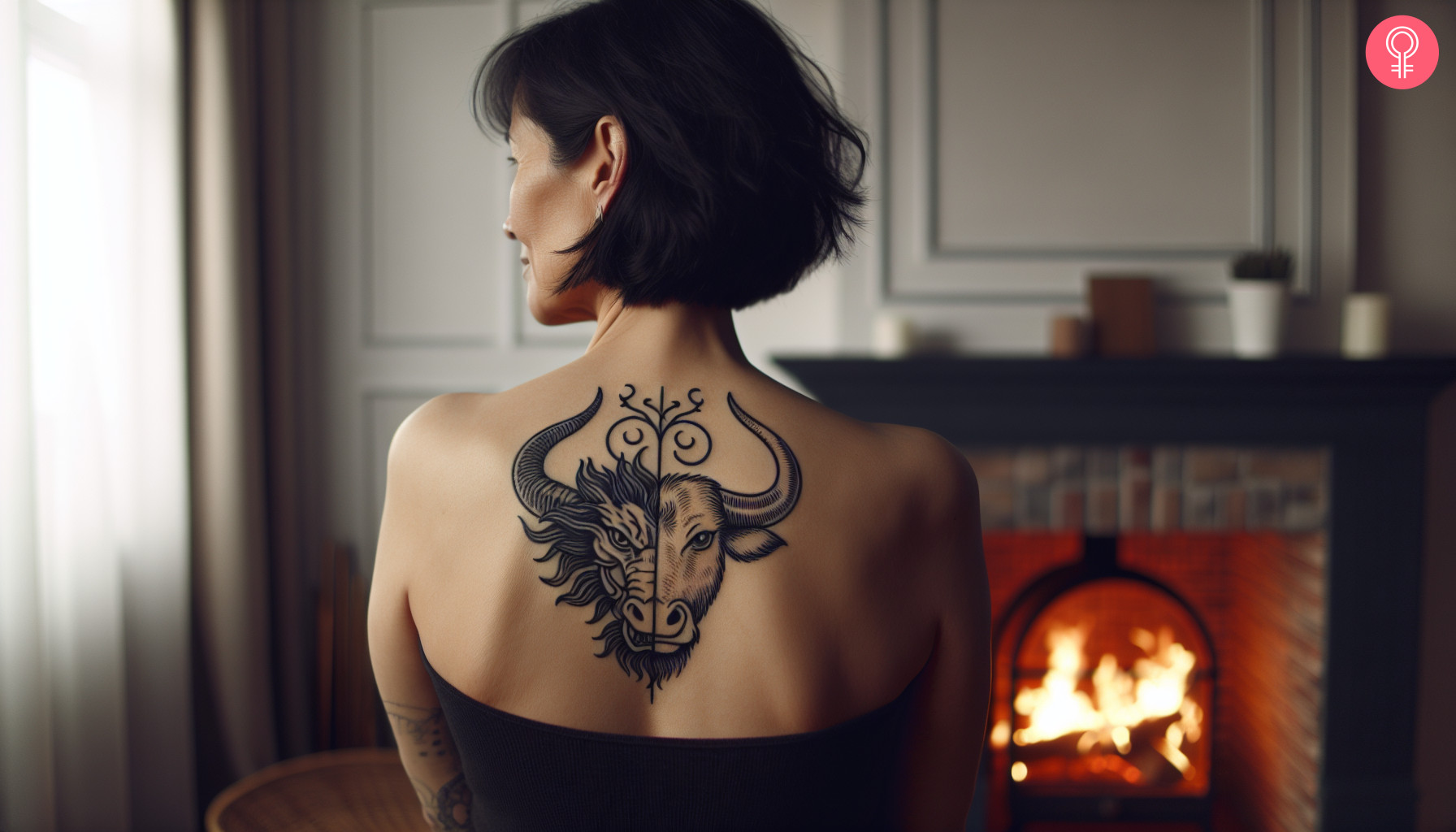 Dragon and ox tattoo on the back shoulder of a woman