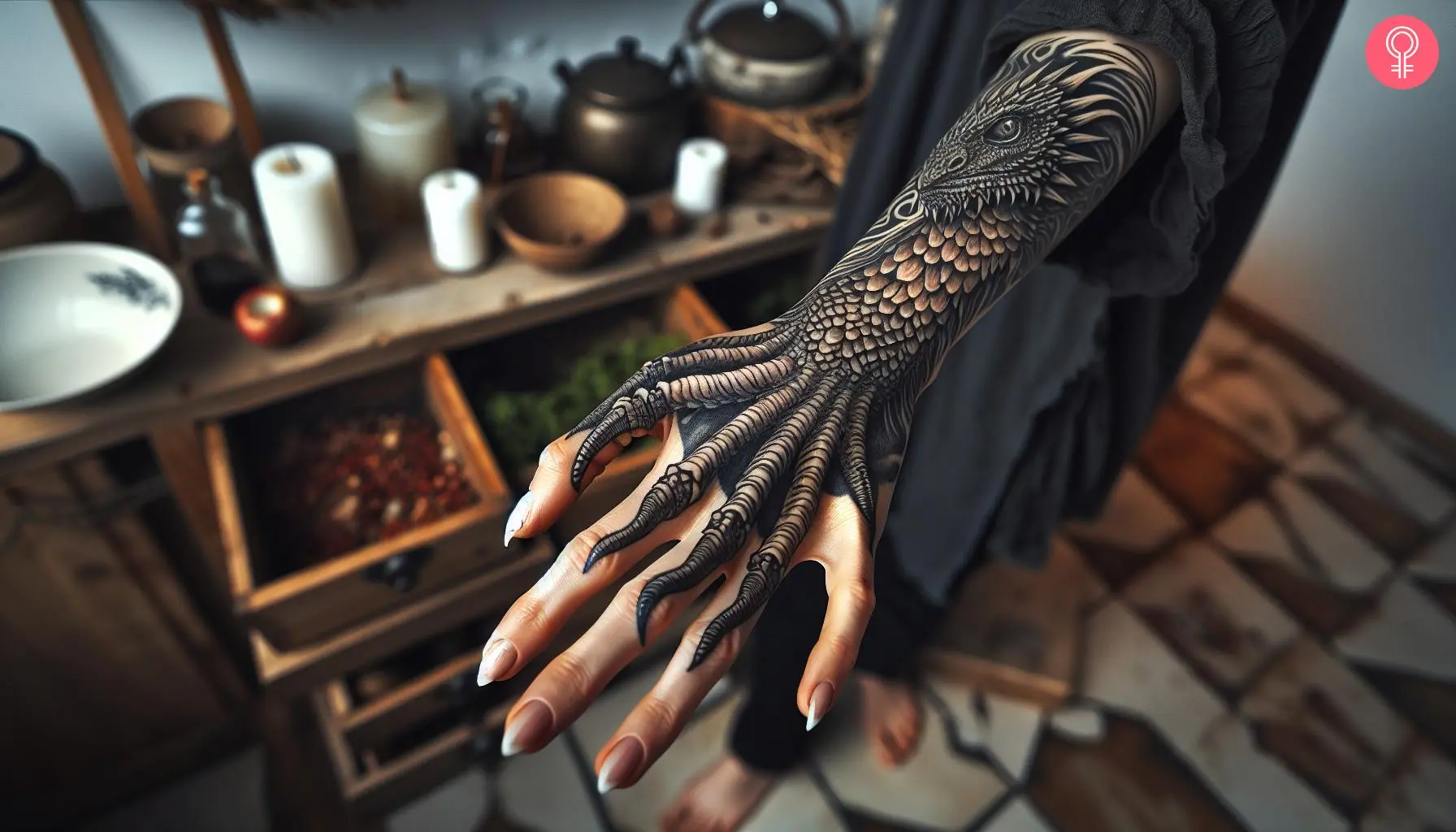 Dragon claw tattoo on woman’s hand