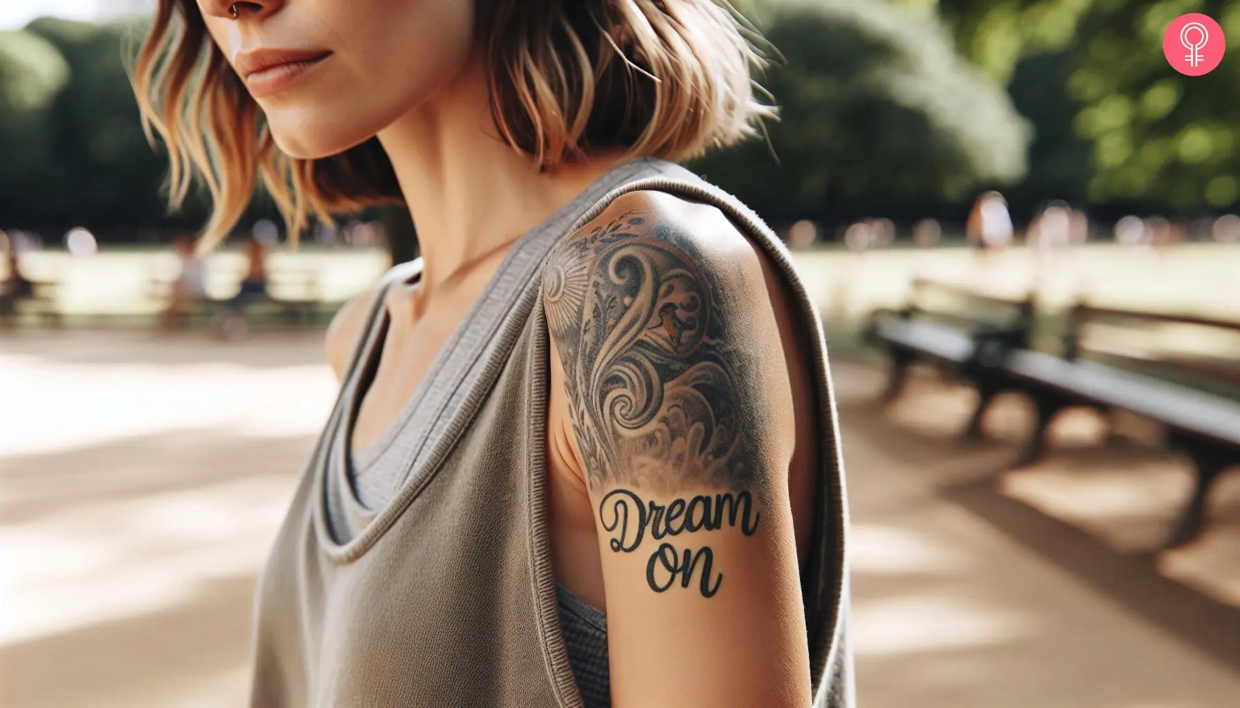 A woman with a dream on dreamer tattoo on her upper arm