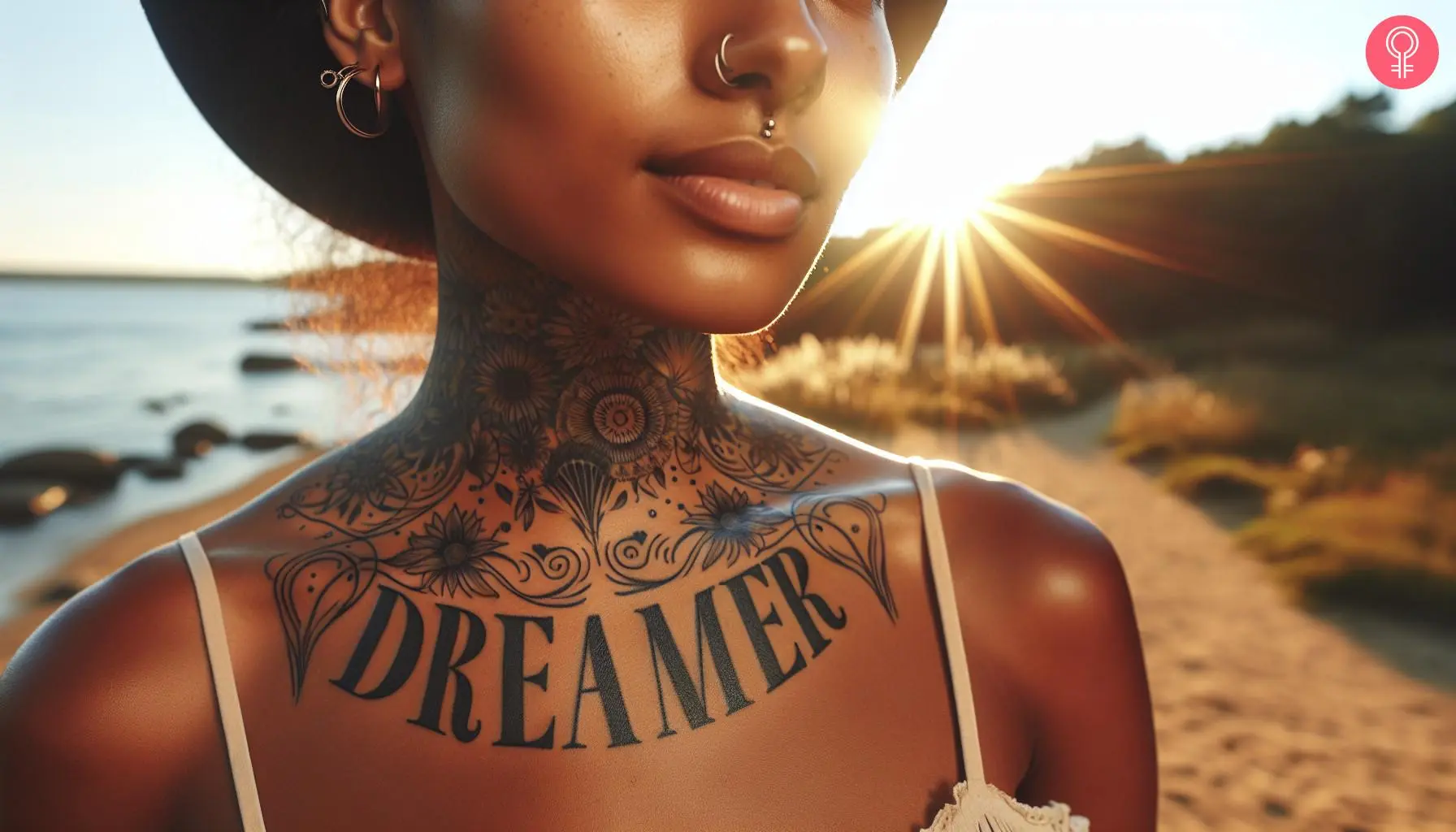 A woman with a dreamer tattoo on her chest