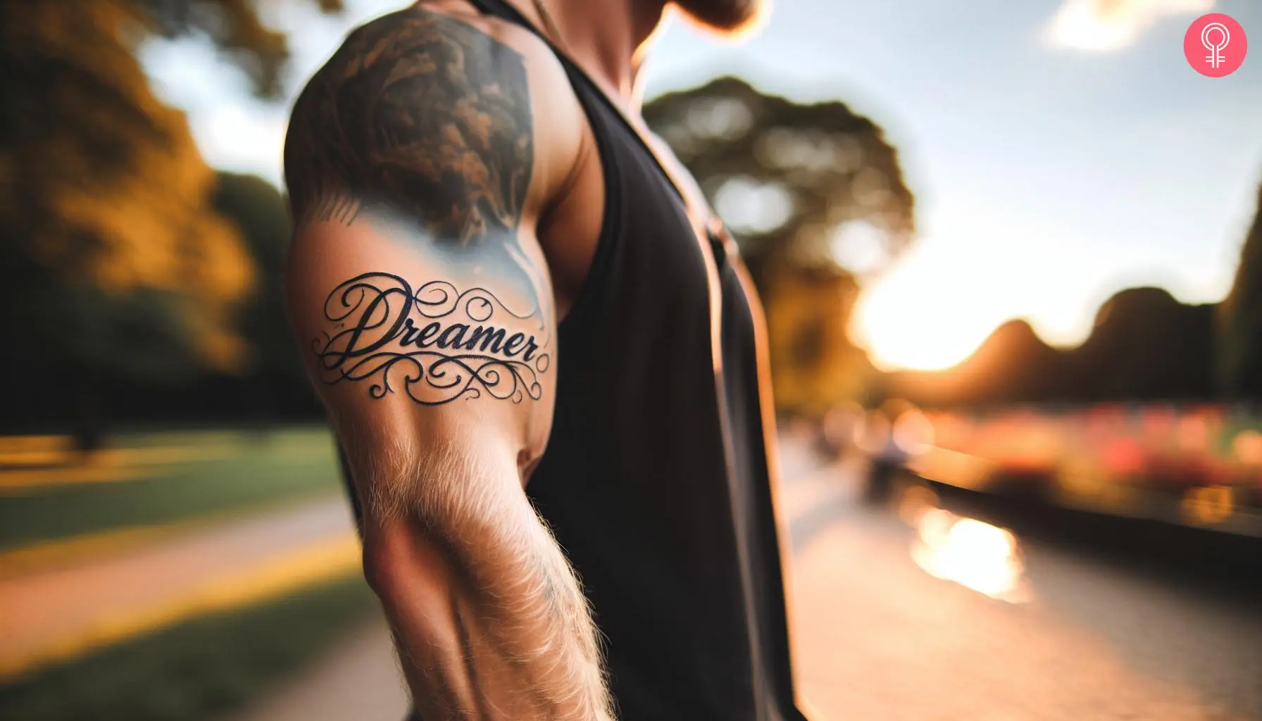 A man with a dreamer tattoo on his upper arm