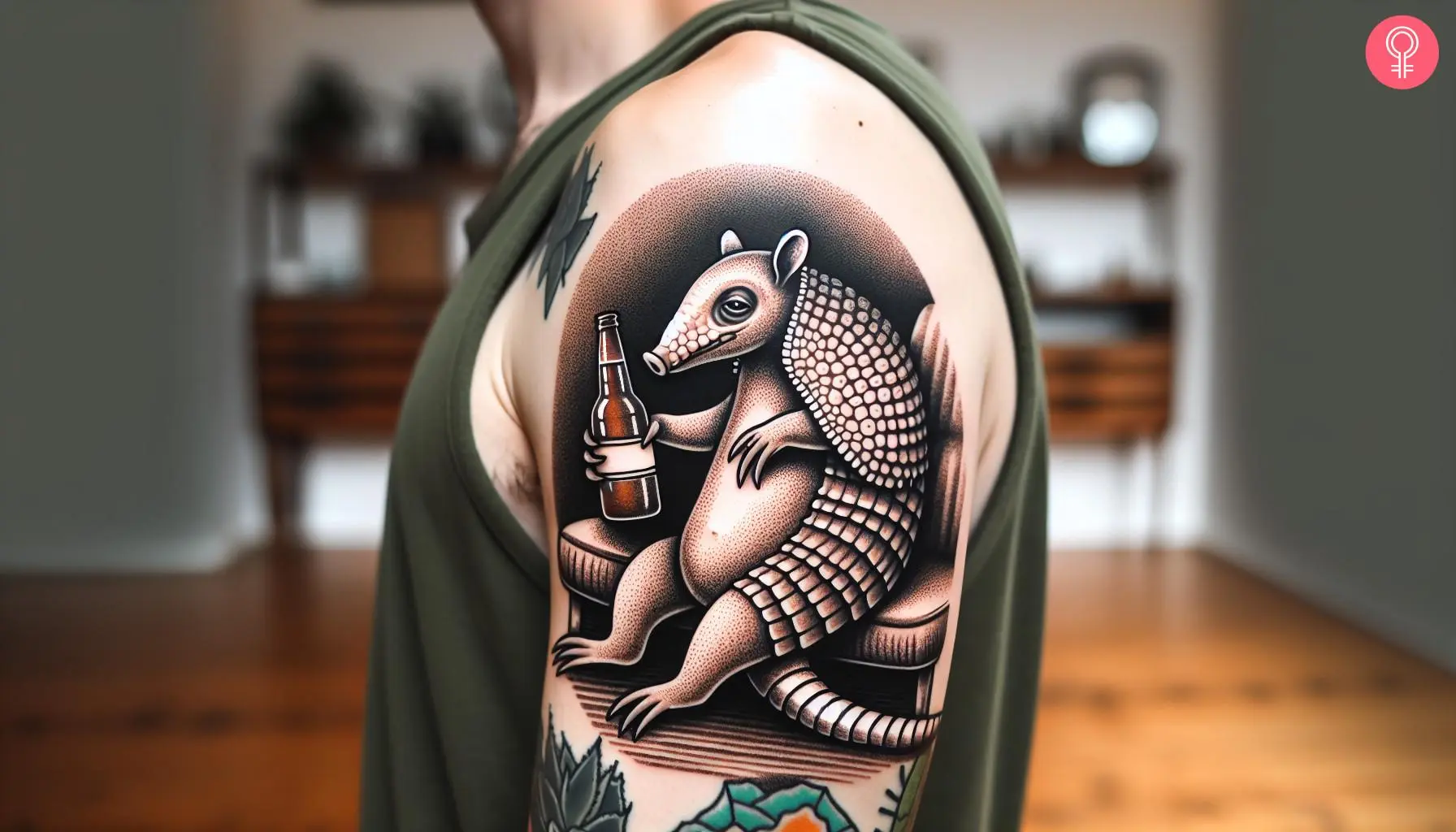 Drunk armadillo tattoo on the upper arm of a man