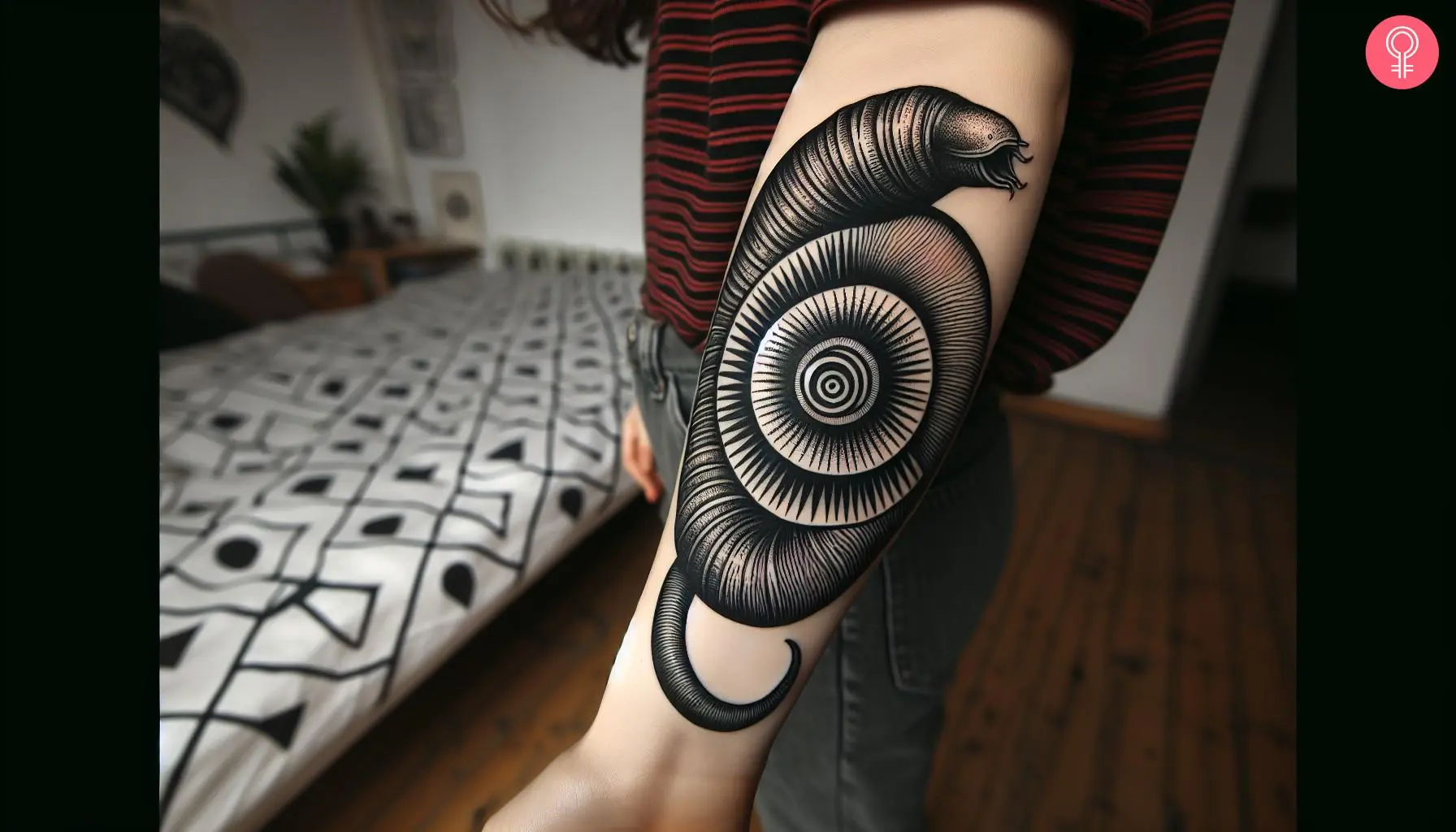 Woman with a Dune sandworm tattoo on her forearm