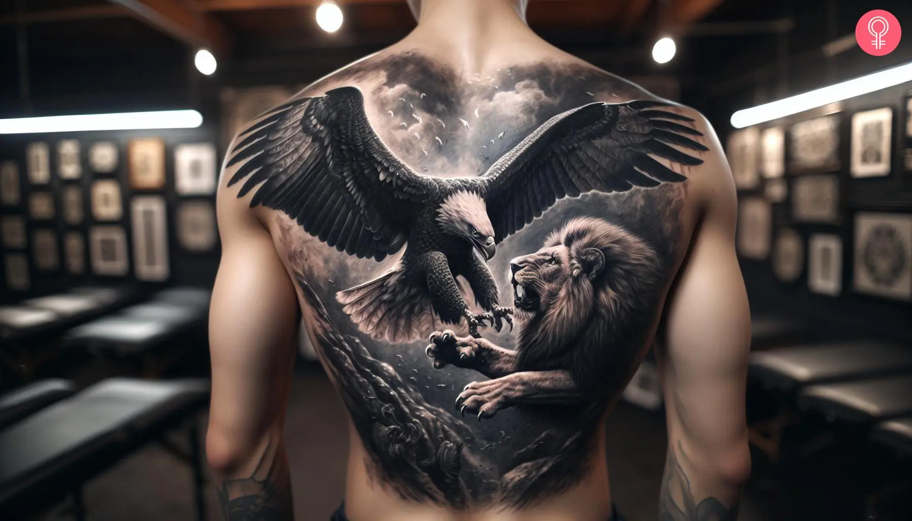 Lion and eagle tattoo on the back of a man