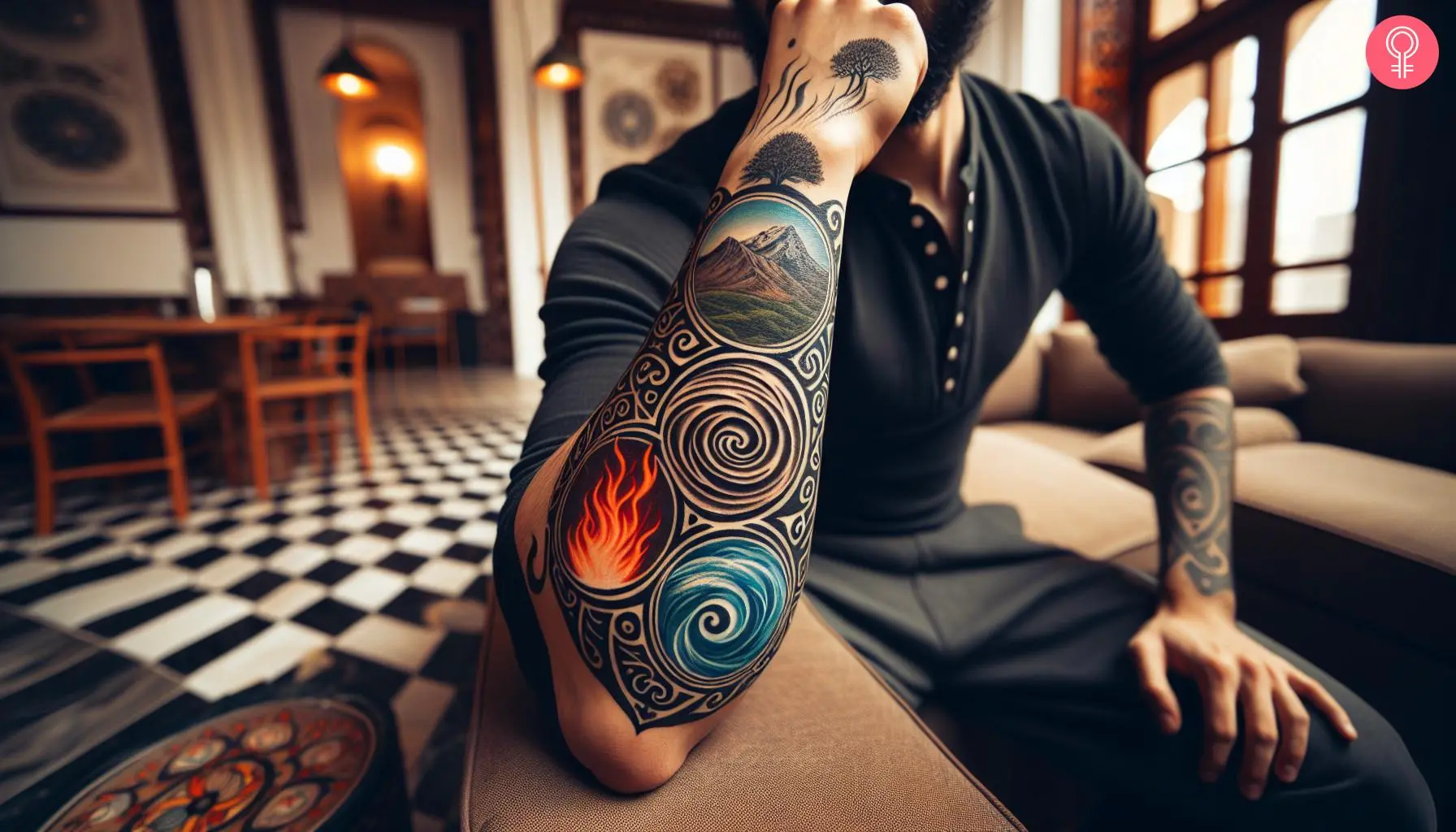 Earth air fire water tattoo on the forearm of a man